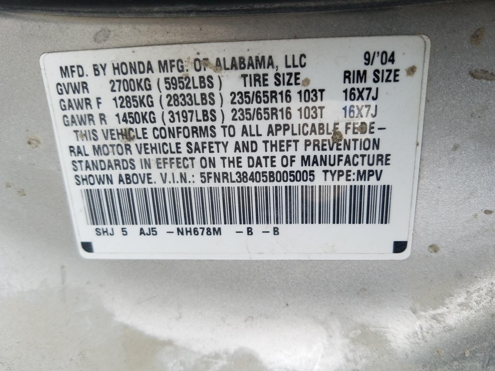 Photo 9 VIN: 5FNRL38405B005005 - HONDA ODYSSEY EX 