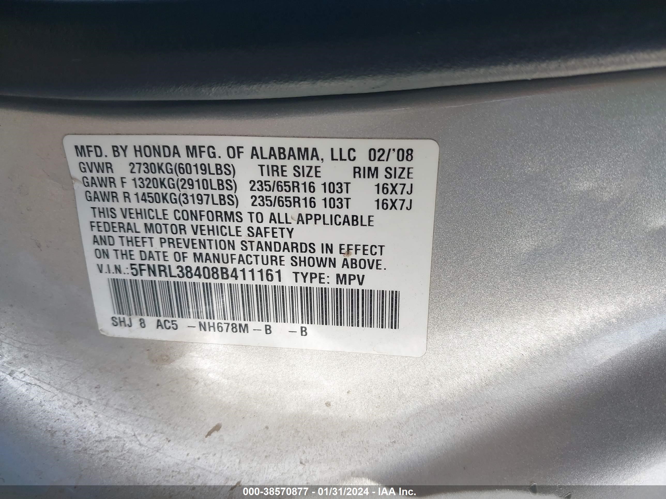 Photo 8 VIN: 5FNRL38408B411161 - HONDA ODYSSEY 