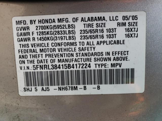 Photo 12 VIN: 5FNRL38415B417224 - HONDA ODYSSEY EX 