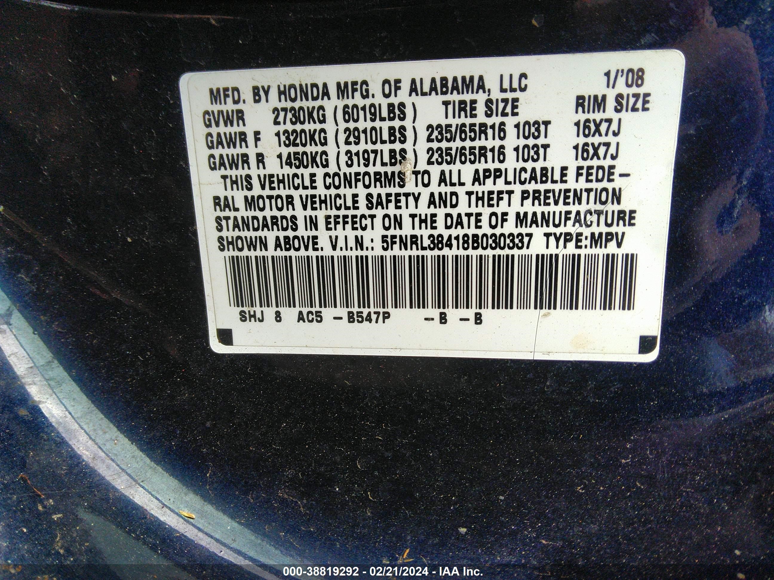 Photo 8 VIN: 5FNRL38418B030337 - HONDA ODYSSEY 