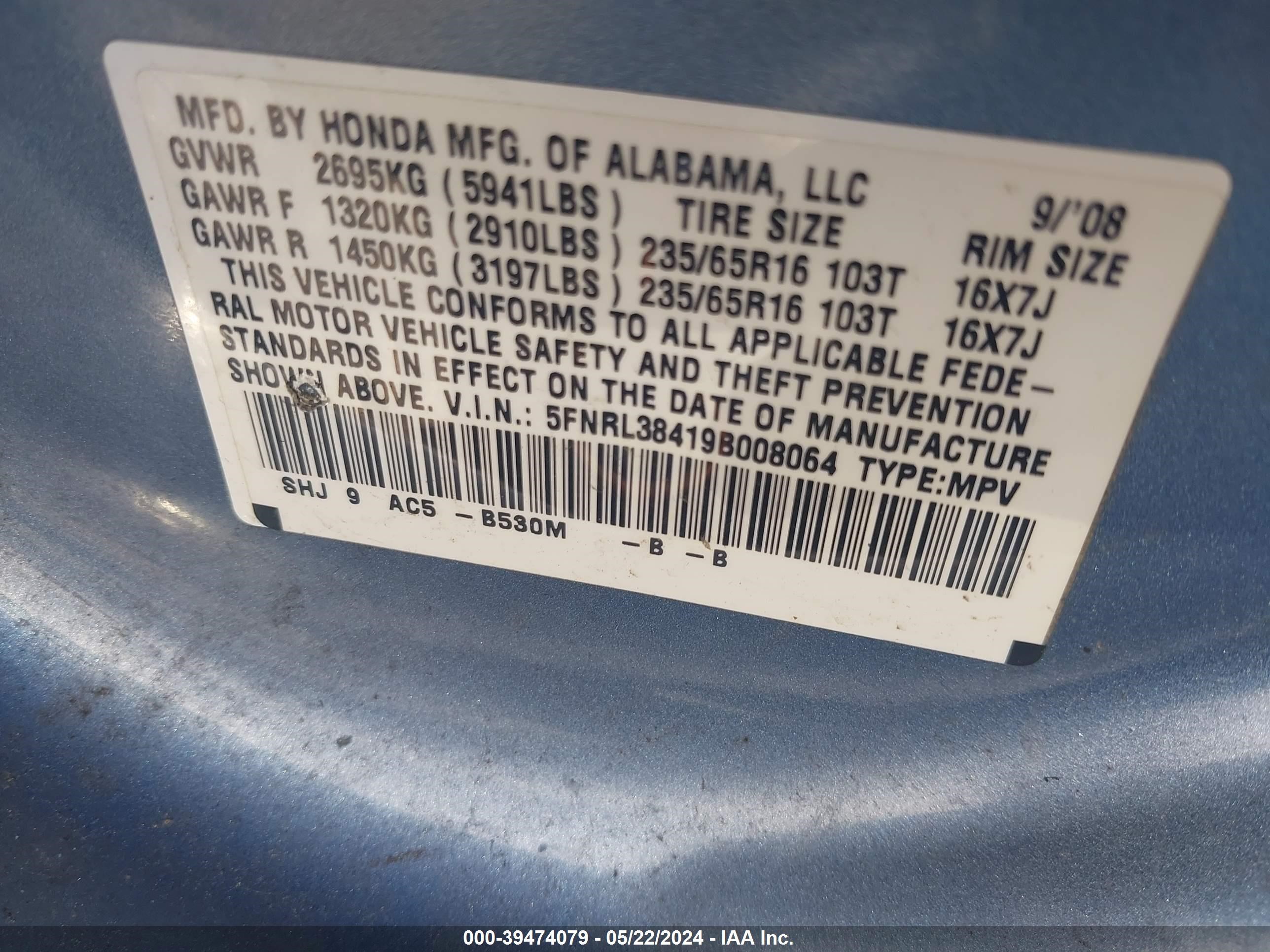 Photo 8 VIN: 5FNRL38419B008064 - HONDA ODYSSEY 