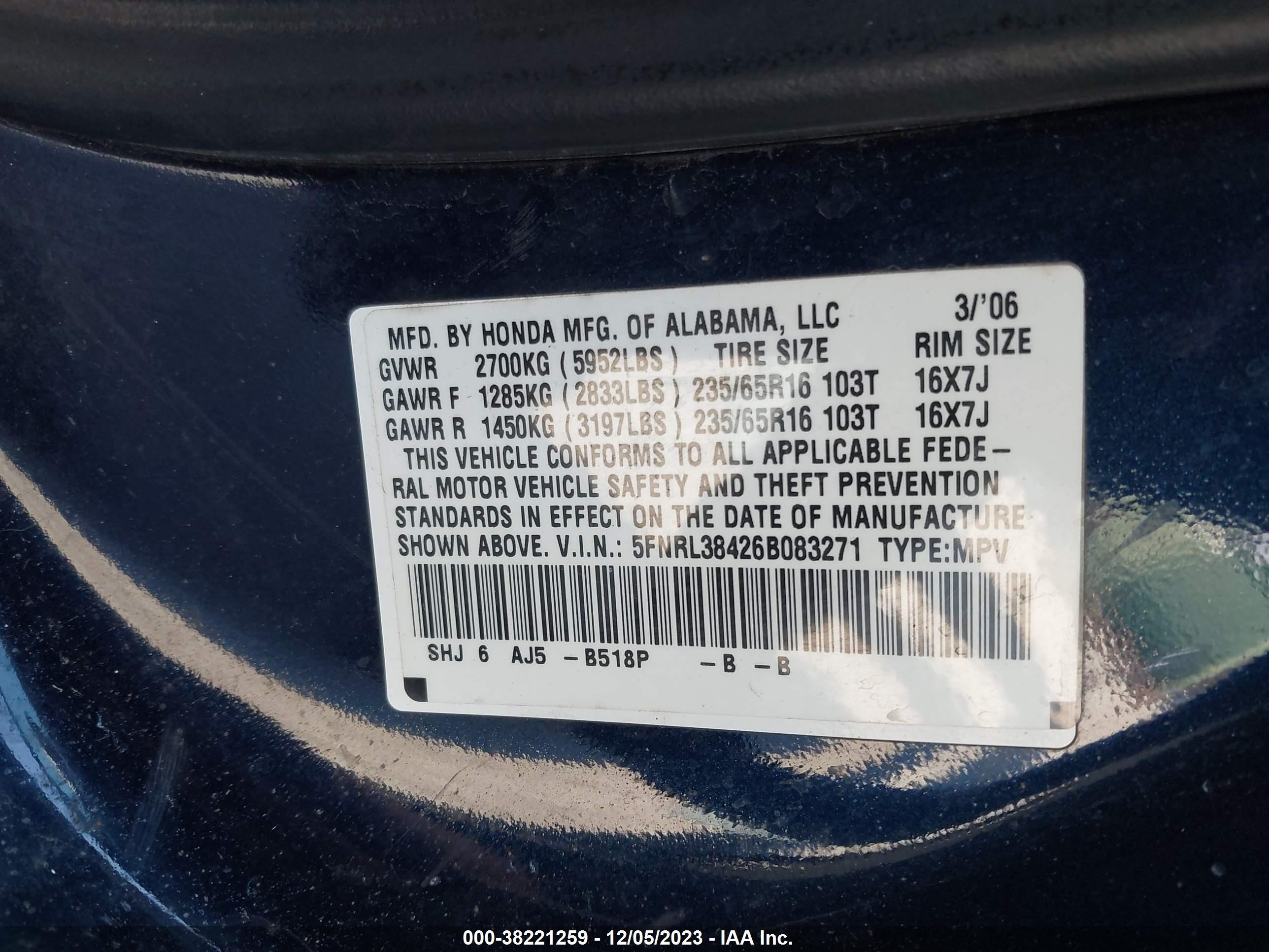 Photo 8 VIN: 5FNRL38426B083271 - HONDA ODYSSEY 