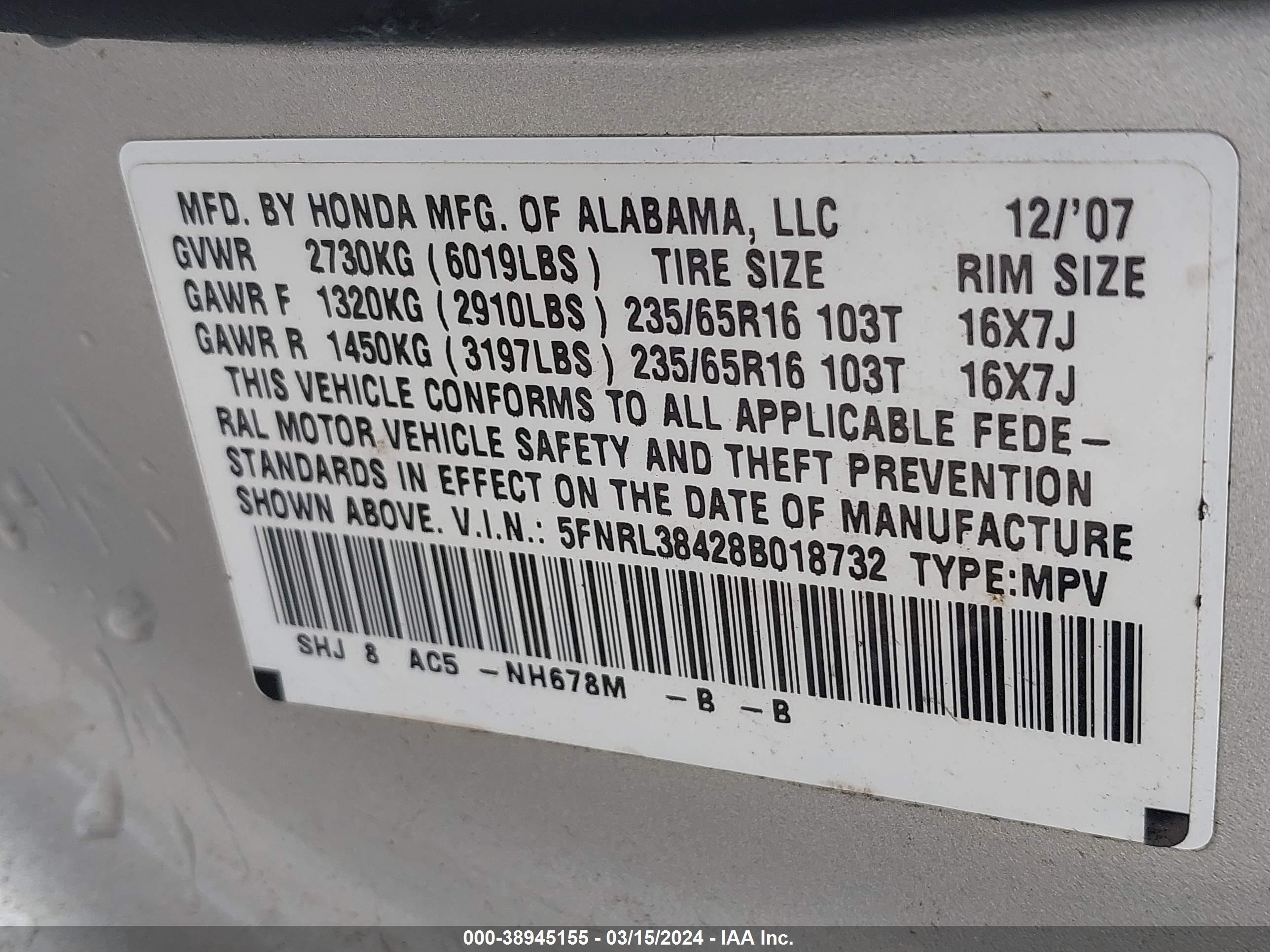 Photo 8 VIN: 5FNRL38428B018732 - HONDA ODYSSEY 