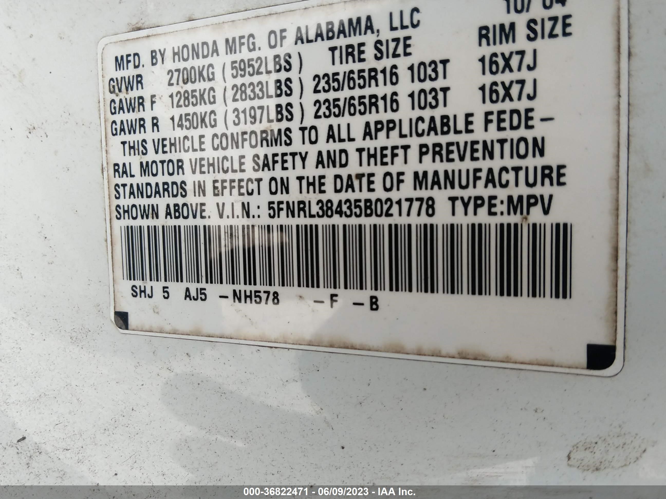 Photo 8 VIN: 5FNRL38435B021778 - HONDA ODYSSEY 