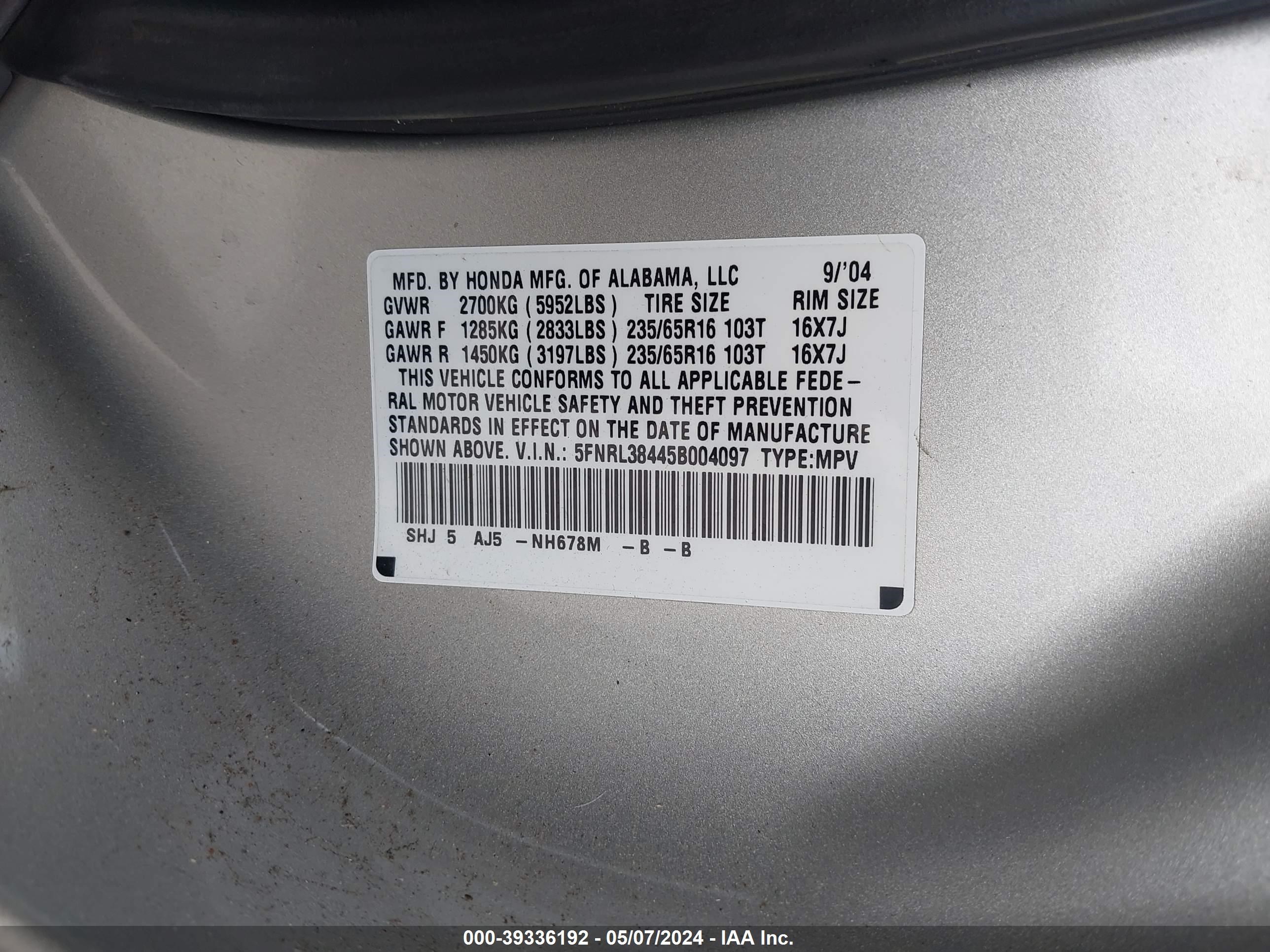 Photo 8 VIN: 5FNRL38445B004097 - HONDA ODYSSEY 