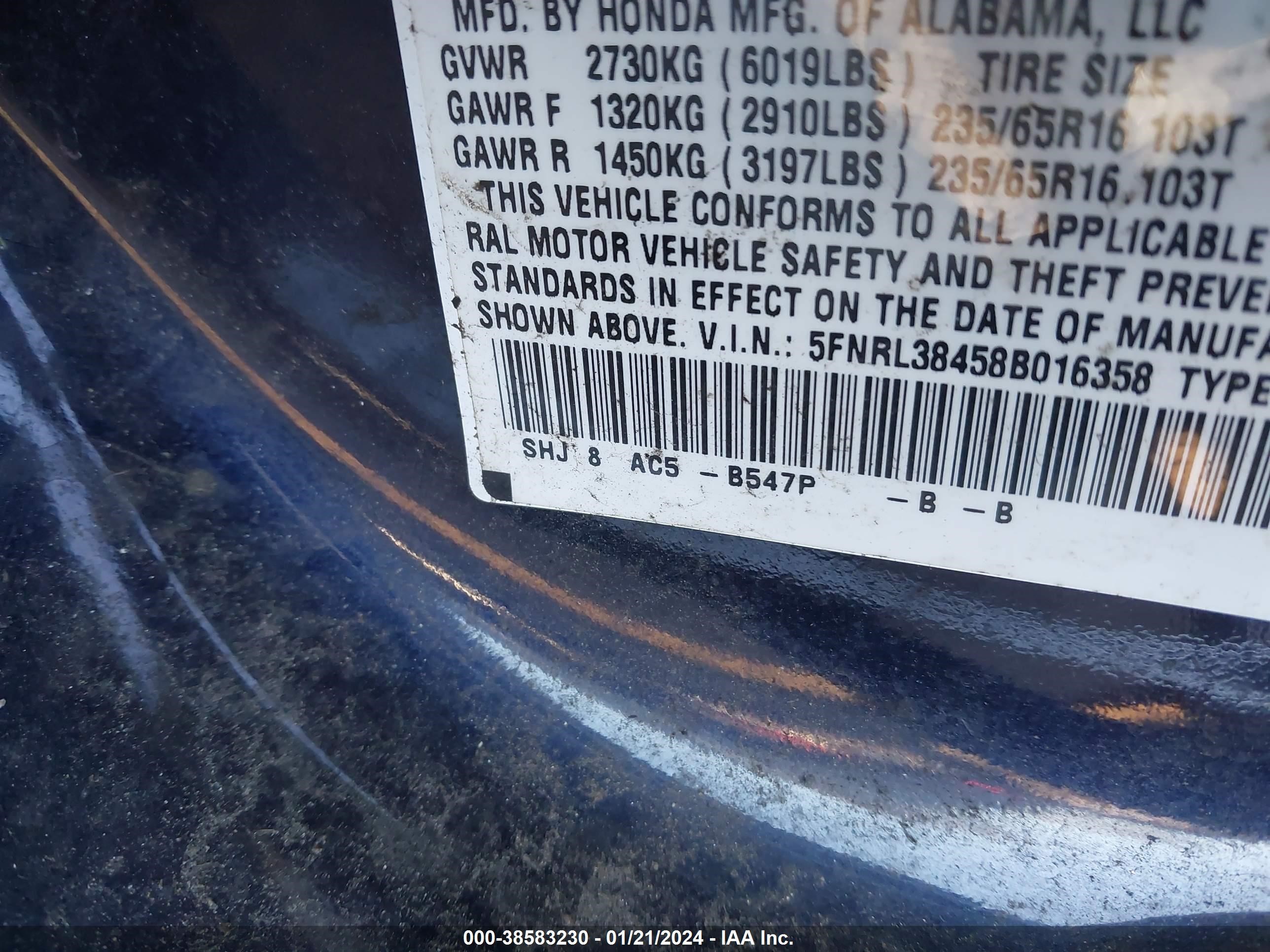 Photo 8 VIN: 5FNRL38458B016358 - HONDA ODYSSEY 