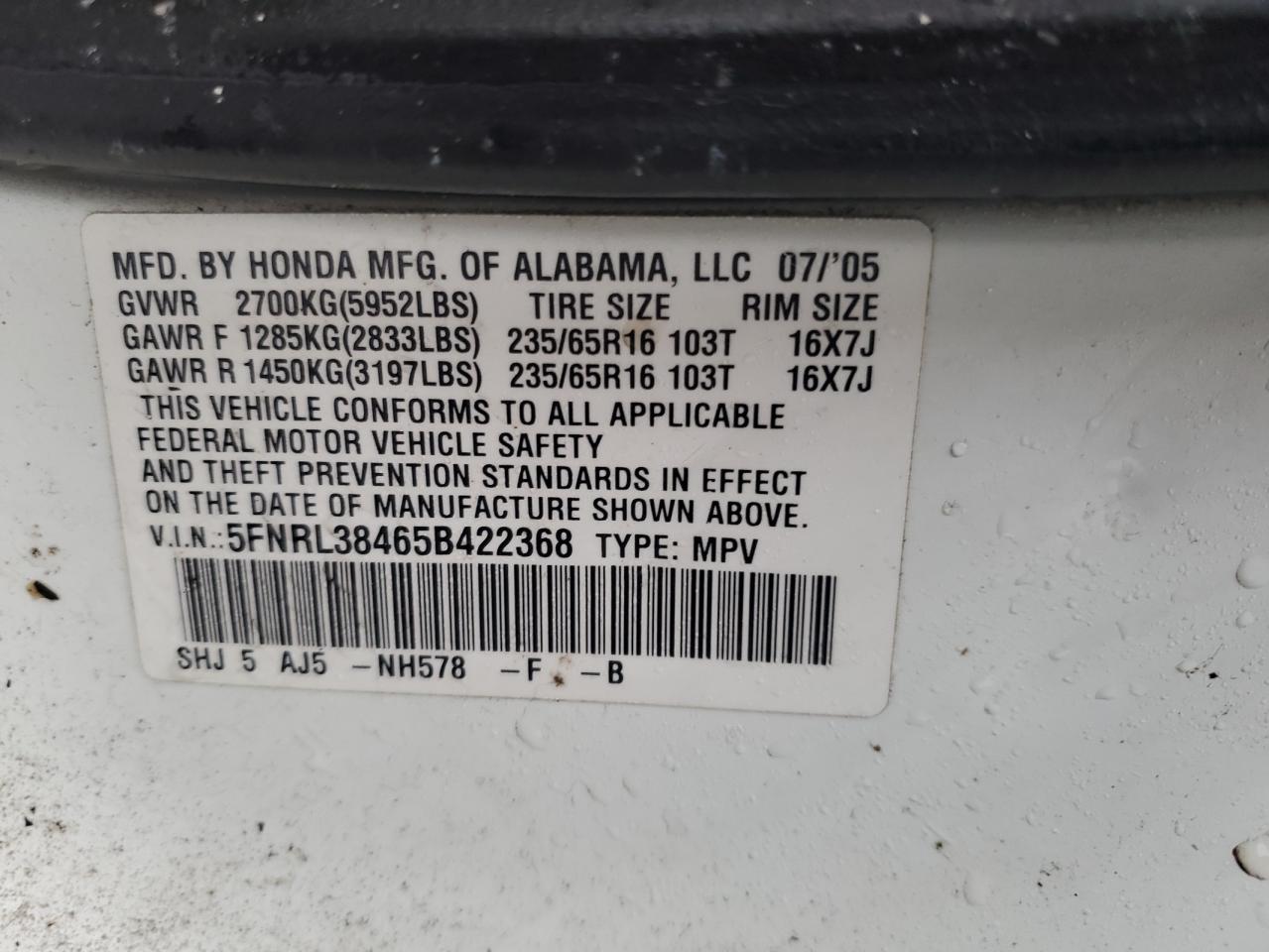 Photo 12 VIN: 5FNRL38465B422368 - HONDA ODYSSEY 