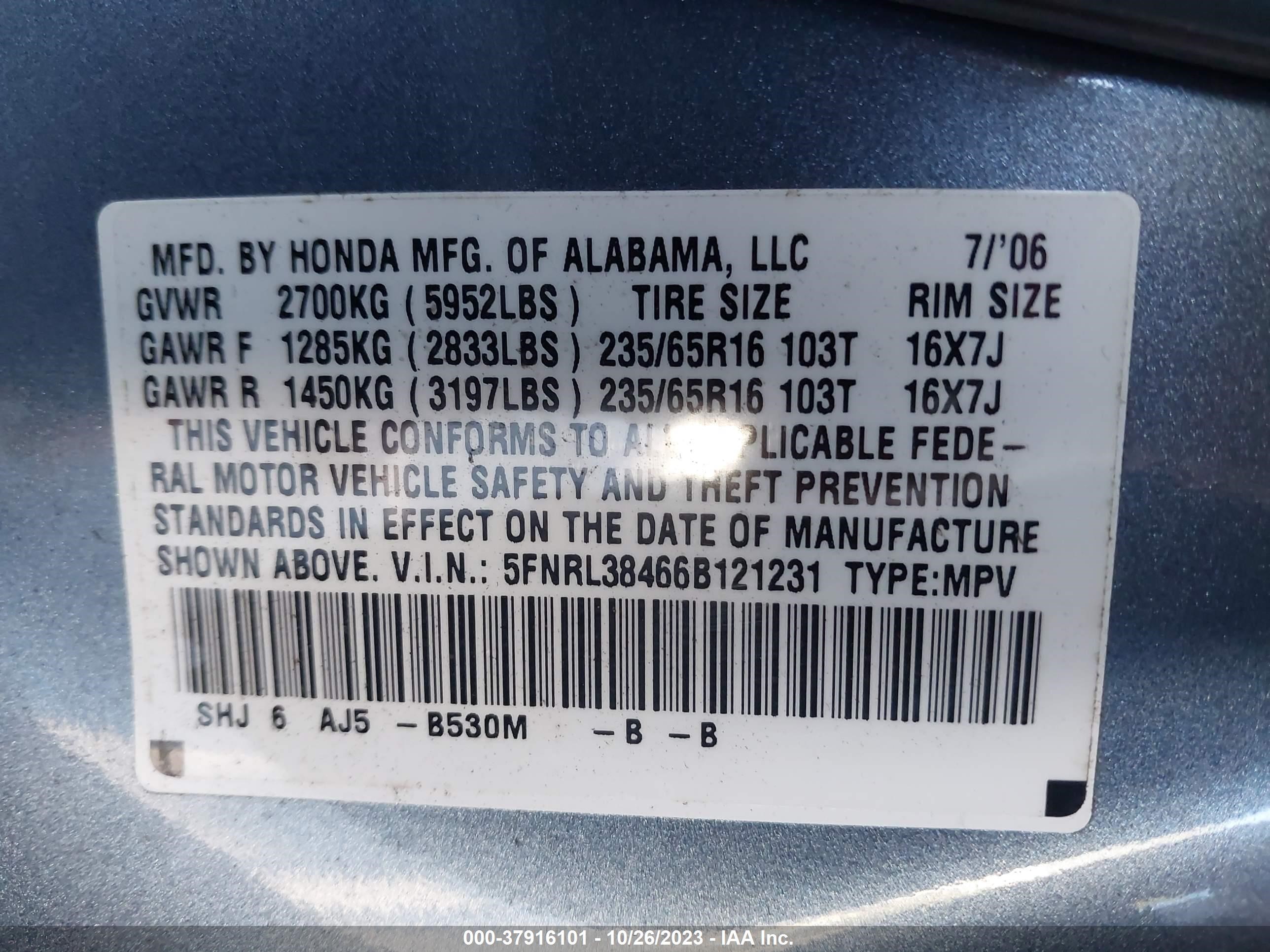 Photo 8 VIN: 5FNRL38466B121231 - HONDA ODYSSEY 