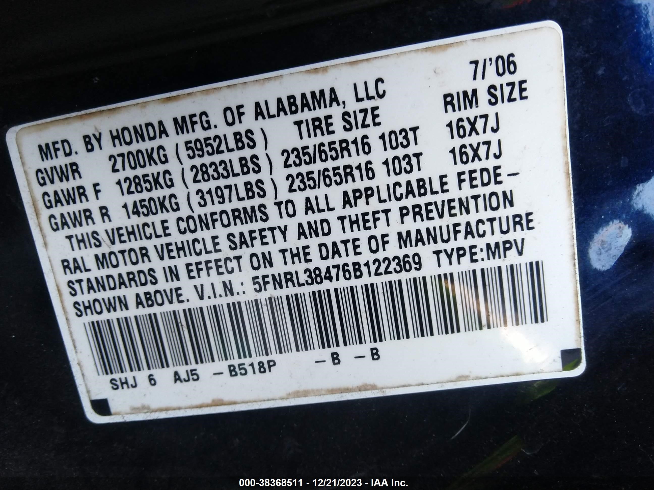 Photo 8 VIN: 5FNRL38476B122369 - HONDA ODYSSEY 