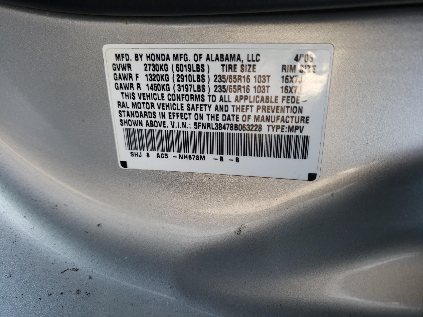 Photo 9 VIN: 5FNRL38478B063228 - HONDA ODYSSEY EX 