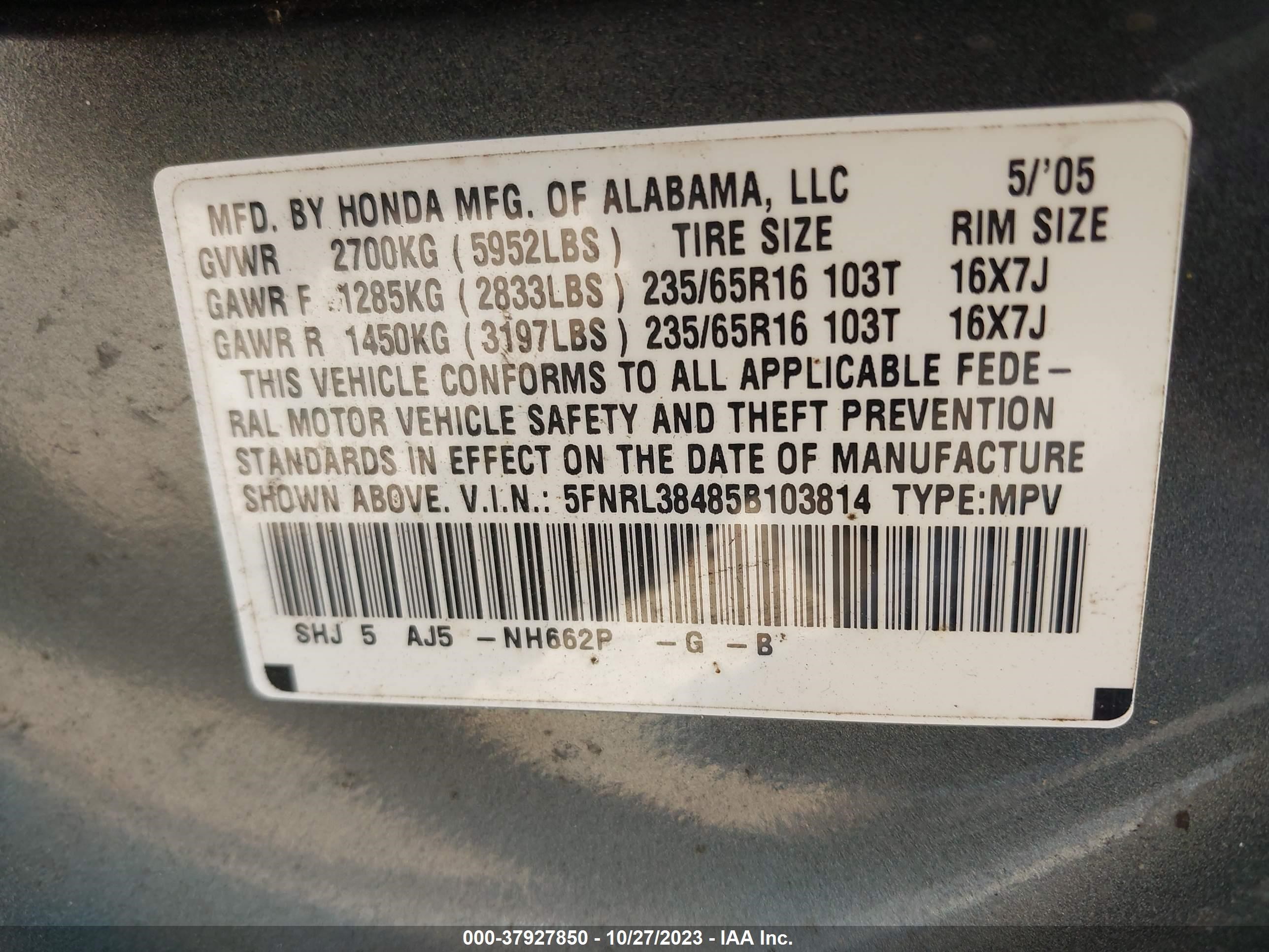 Photo 8 VIN: 5FNRL38485B103814 - HONDA ODYSSEY 