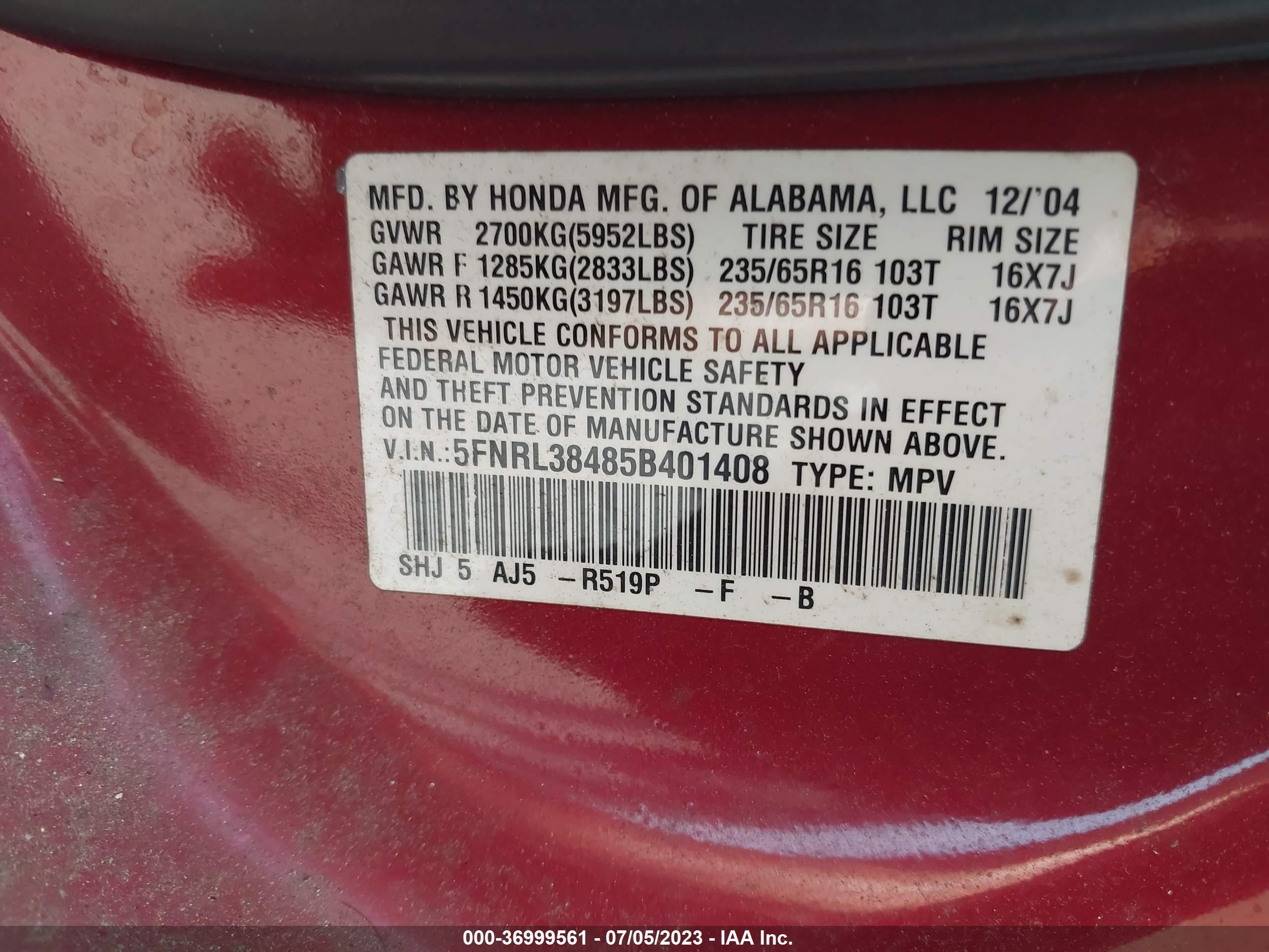 Photo 8 VIN: 5FNRL38485B401408 - HONDA ODYSSEY 