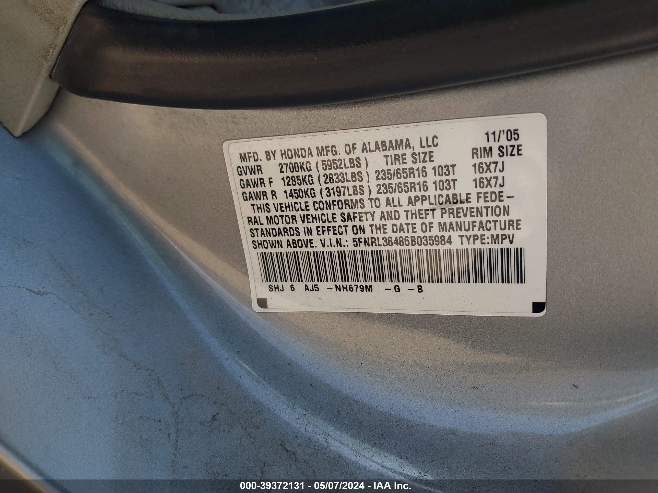 Photo 8 VIN: 5FNRL38486B035984 - HONDA ODYSSEY 