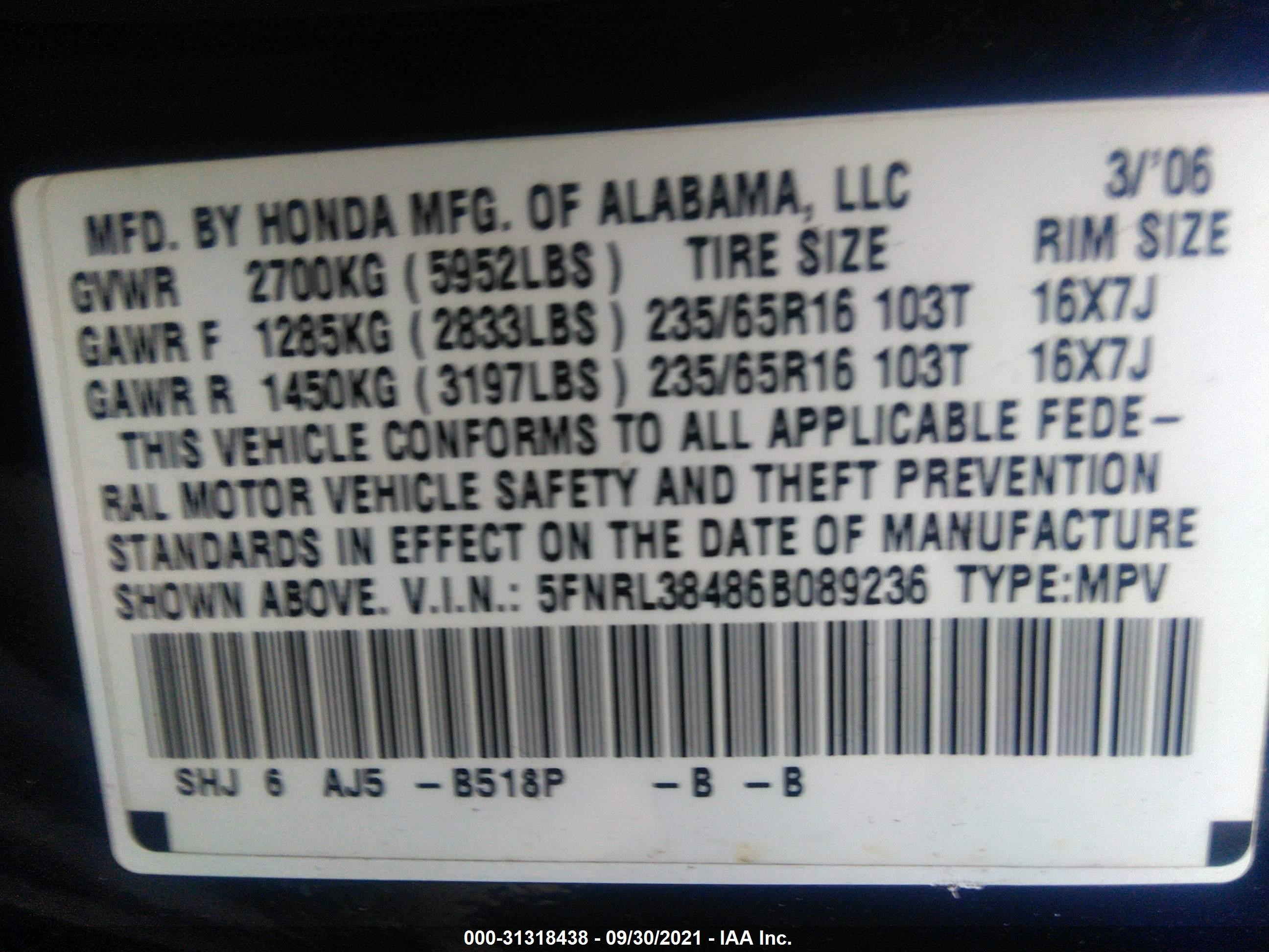 Photo 8 VIN: 5FNRL38486B089236 - HONDA ODYSSEY 