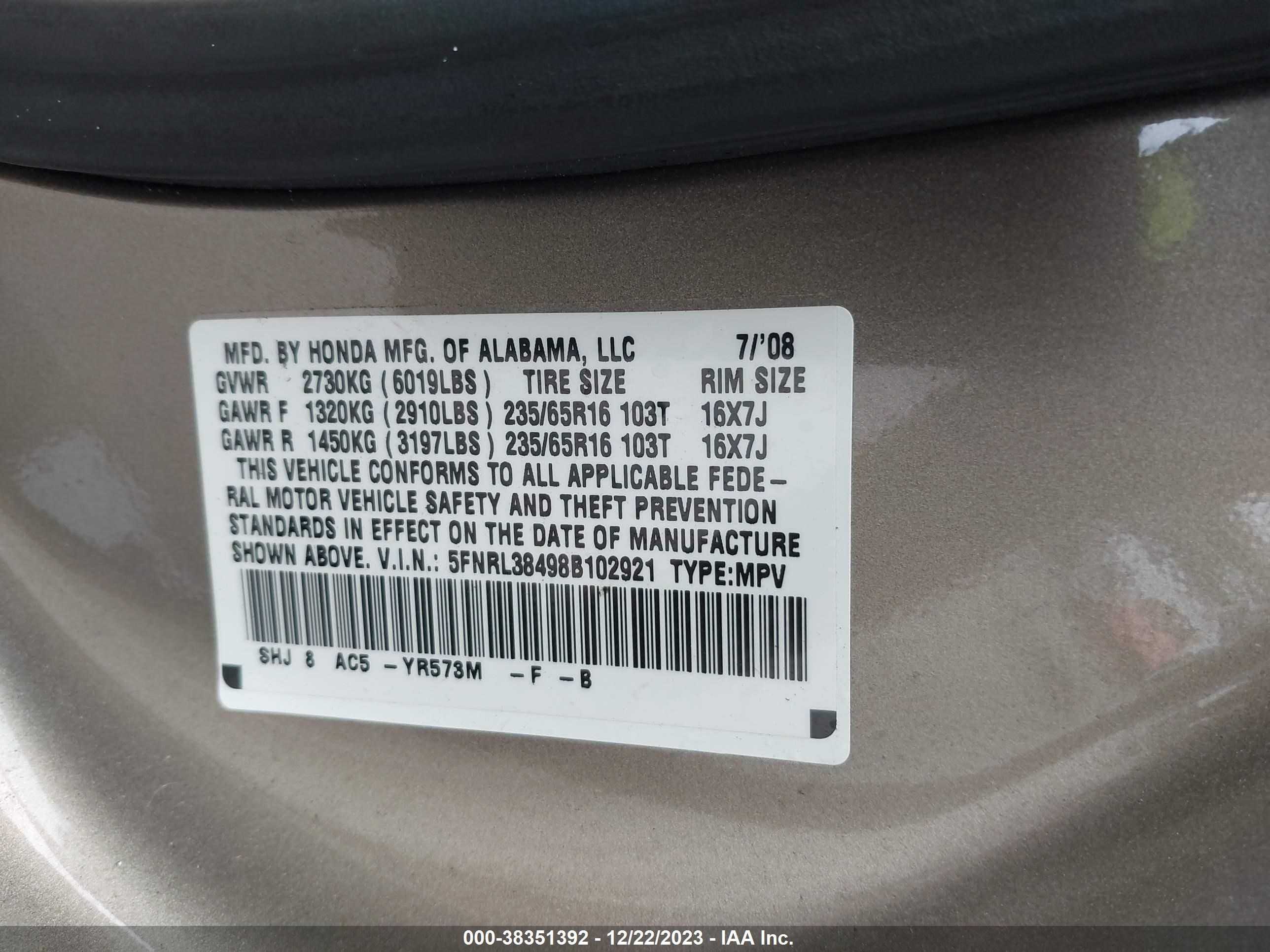 Photo 8 VIN: 5FNRL38498B102921 - HONDA ODYSSEY 