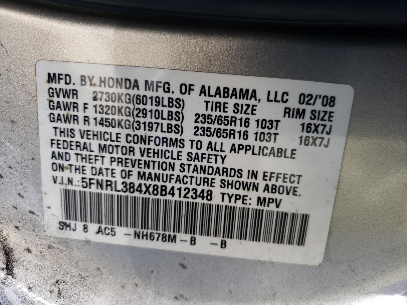 Photo 9 VIN: 5FNRL384X8B412348 - HONDA ODYSSEY EX 