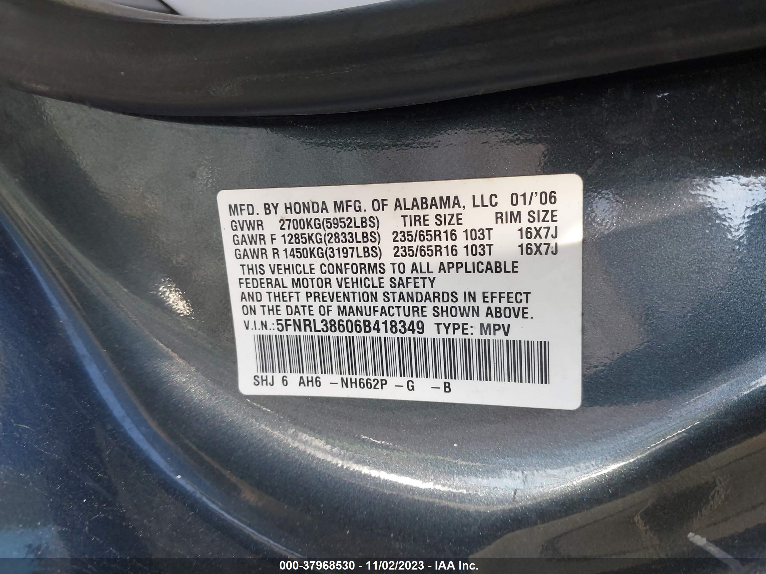 Photo 8 VIN: 5FNRL38606B418349 - HONDA ODYSSEY 