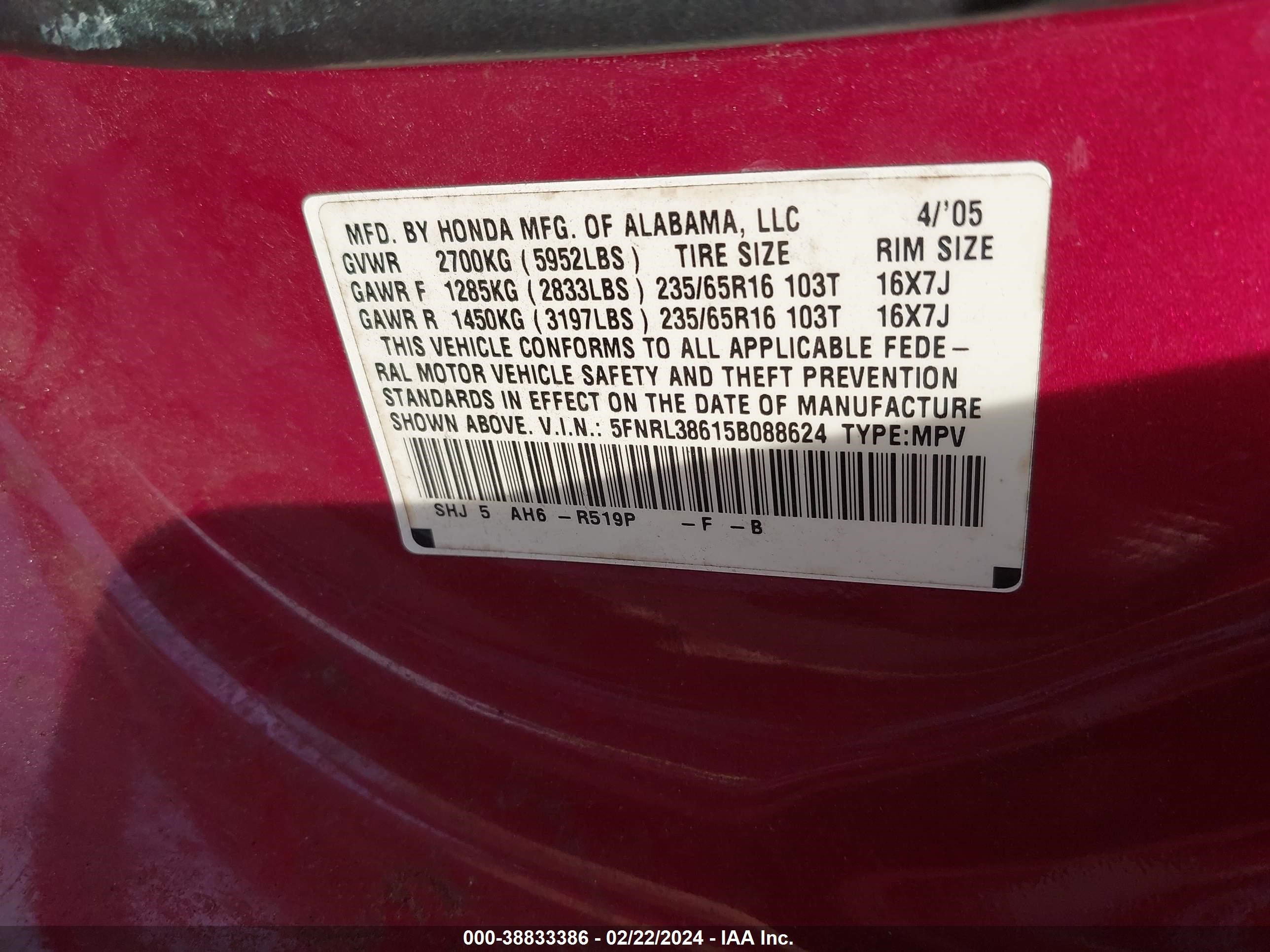 Photo 8 VIN: 5FNRL38615B088624 - HONDA ODYSSEY 