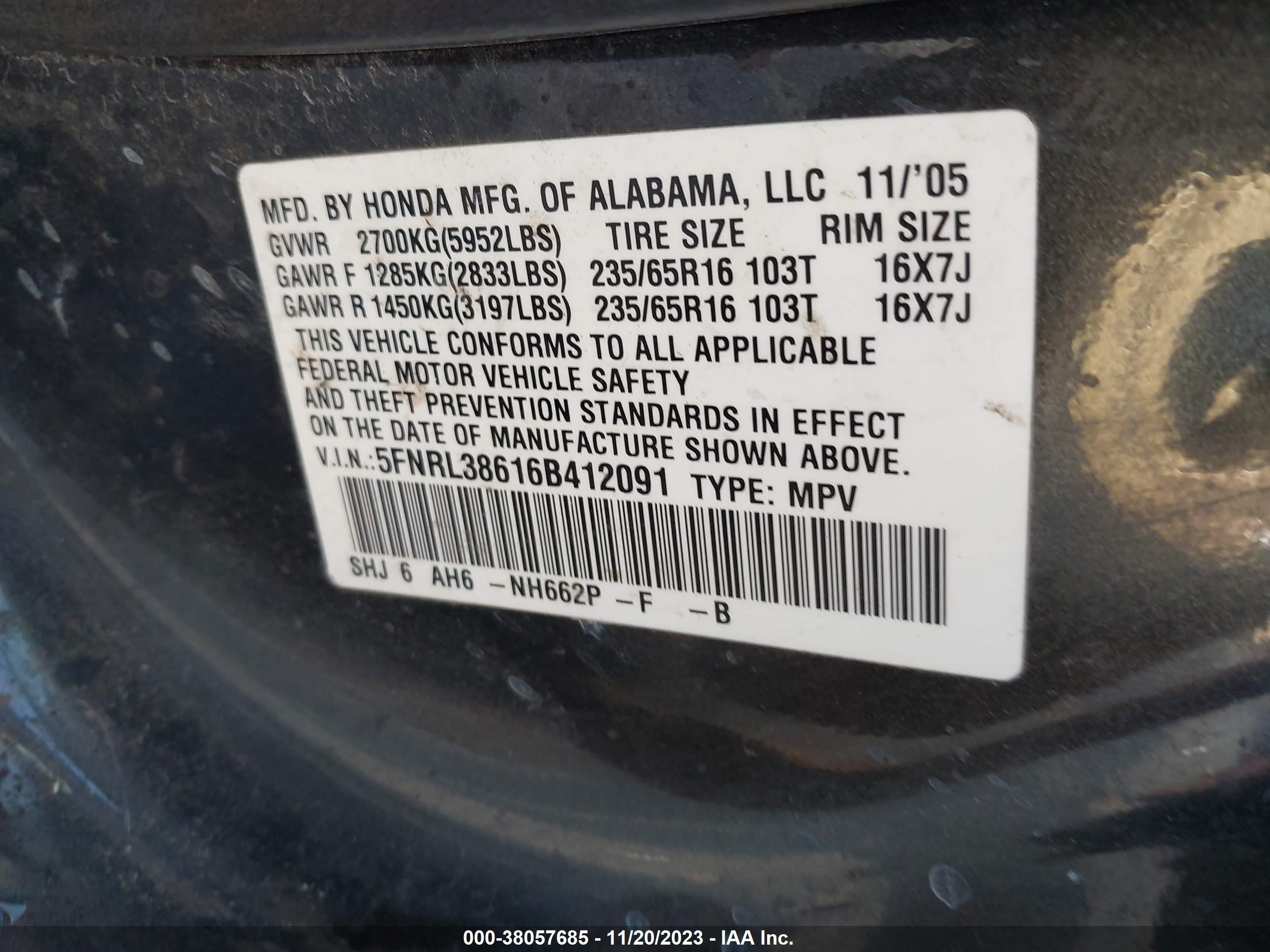 Photo 8 VIN: 5FNRL38616B401209 - HONDA ODYSSEY 