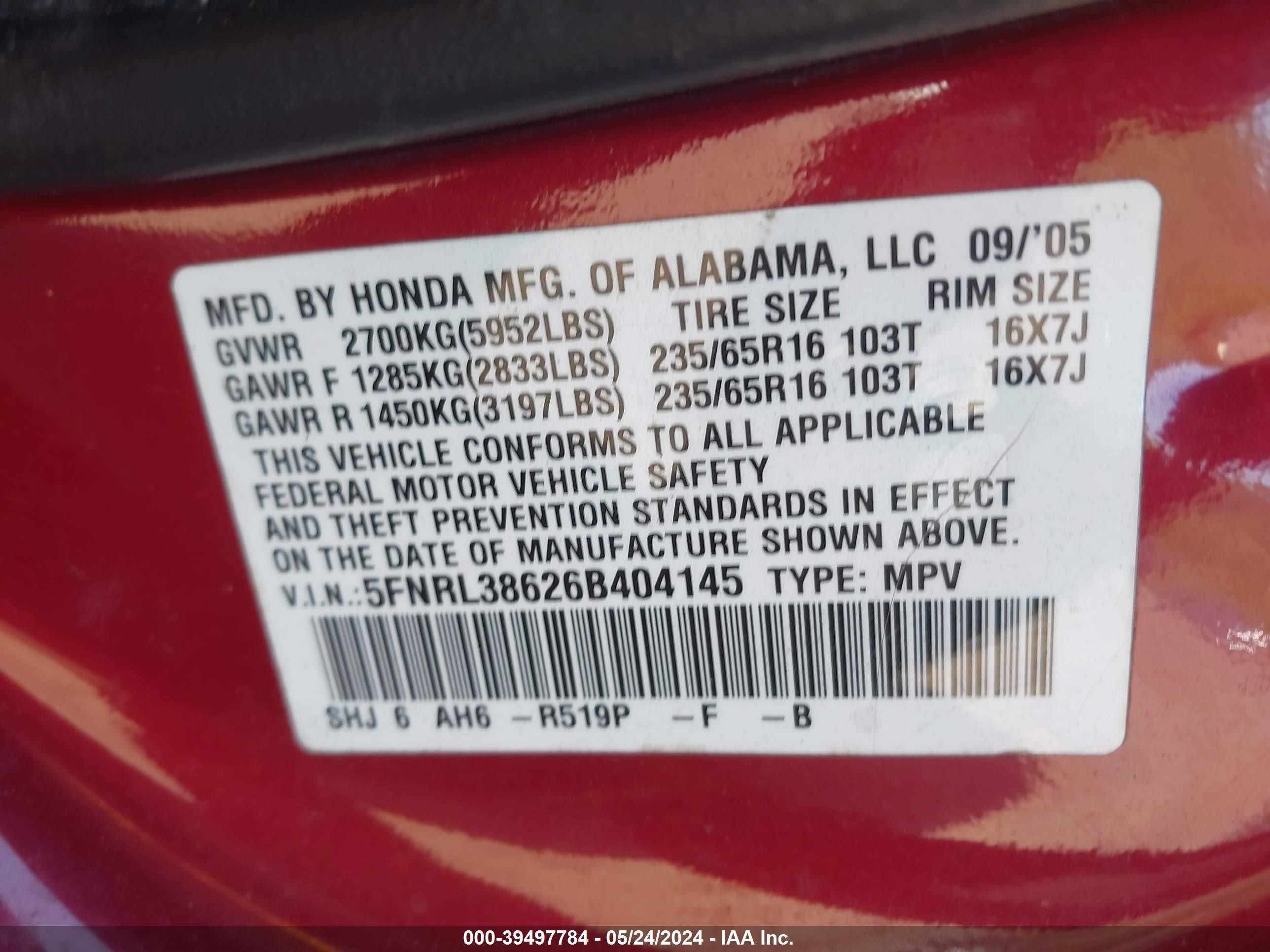 Photo 8 VIN: 5FNRL38626B404145 - HONDA ODYSSEY 