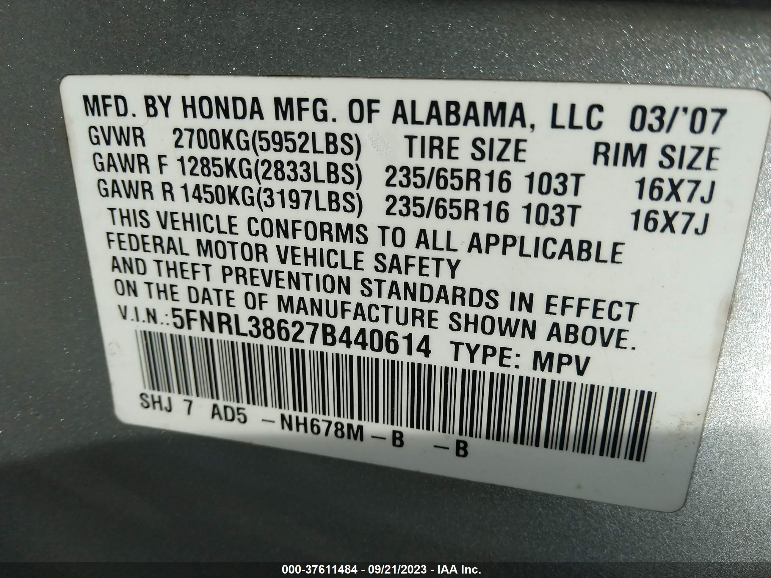 Photo 8 VIN: 5FNRL38627B440614 - HONDA ODYSSEY 