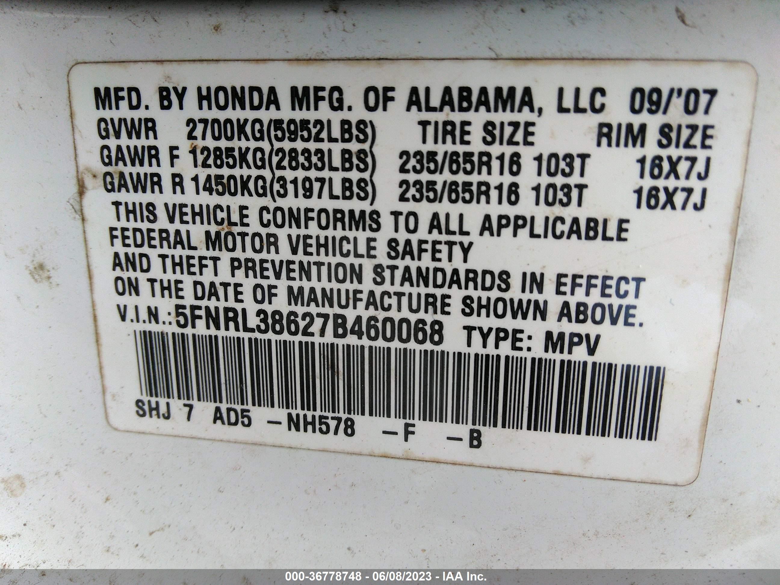 Photo 8 VIN: 5FNRL38627B460068 - HONDA ODYSSEY 