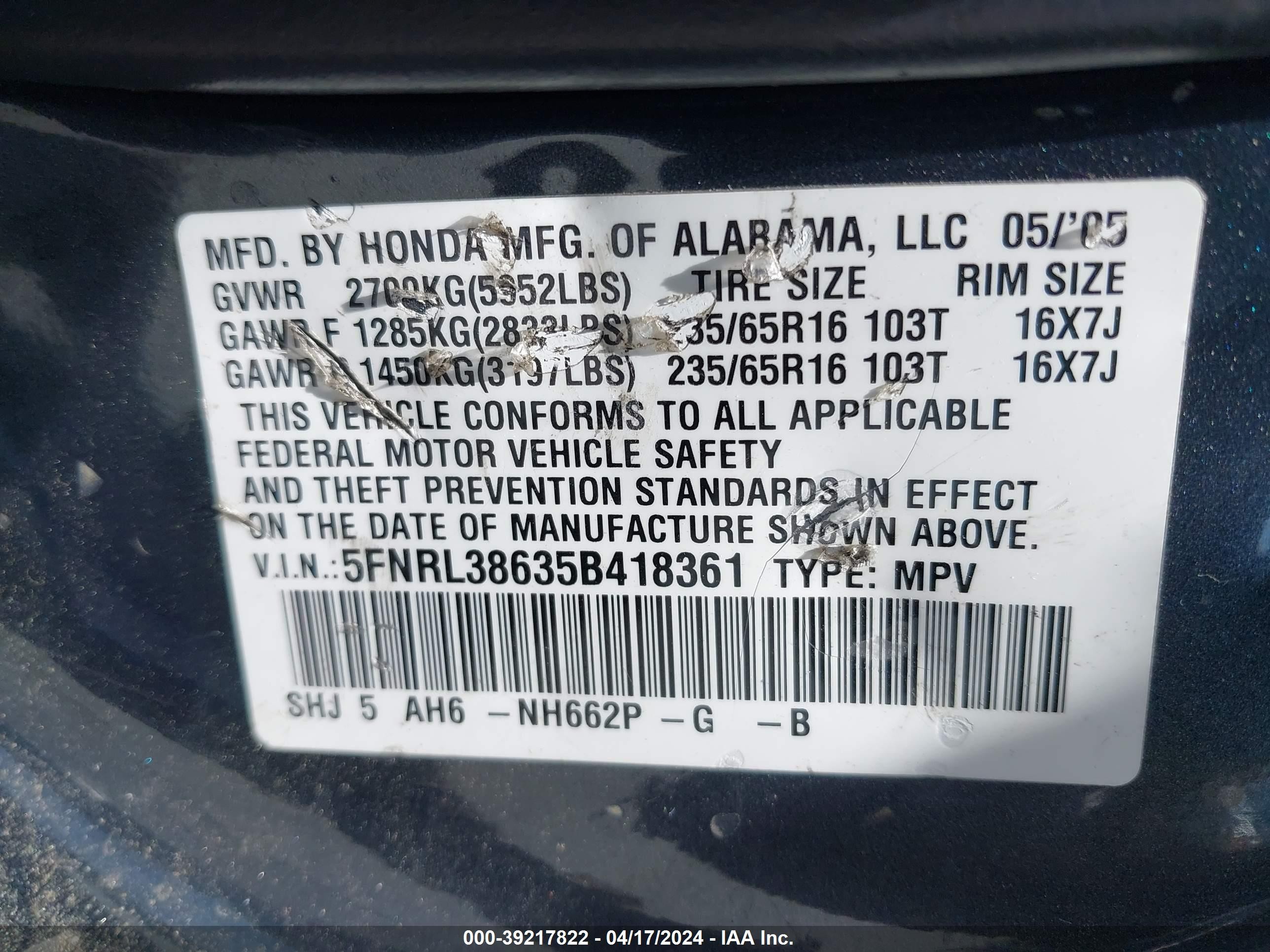 Photo 8 VIN: 5FNRL38635B418361 - HONDA ODYSSEY 