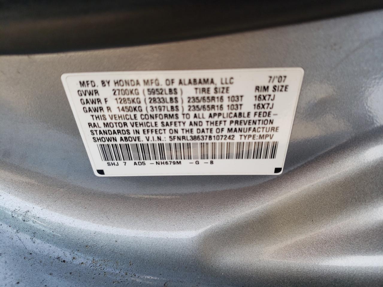 Photo 12 VIN: 5FNRL38637B107242 - HONDA ODYSSEY 