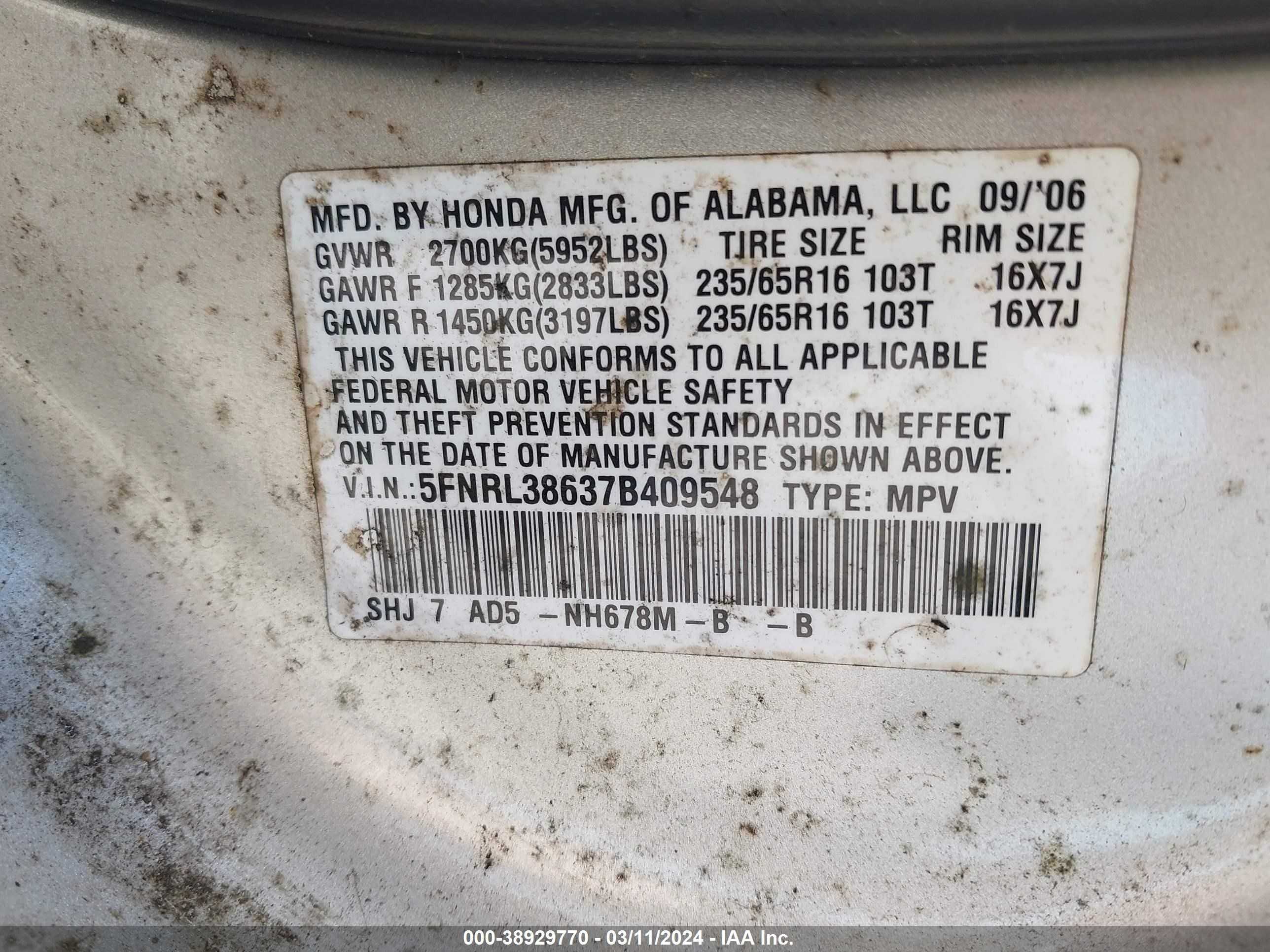 Photo 8 VIN: 5FNRL38637B409548 - HONDA ODYSSEY 