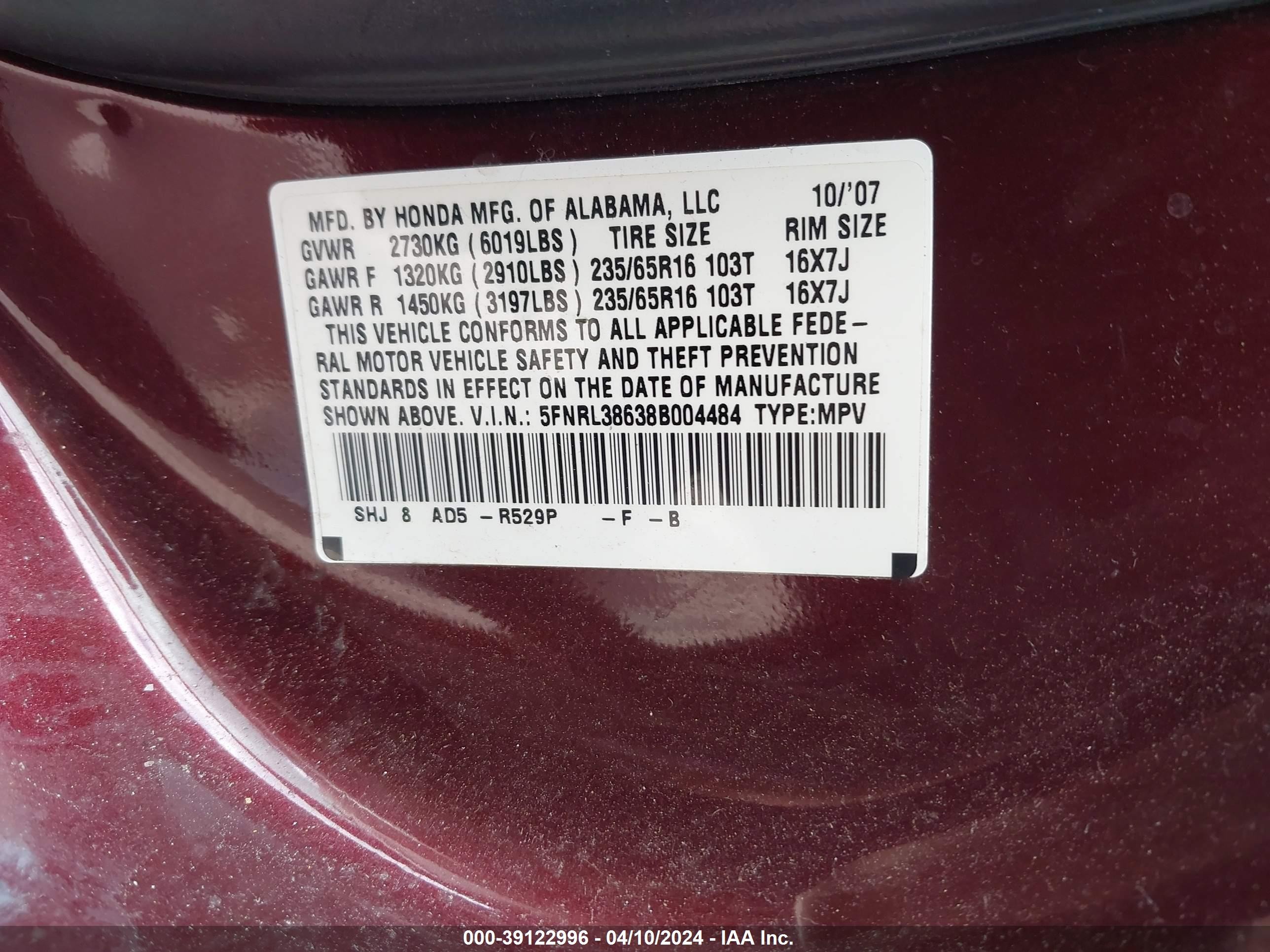 Photo 8 VIN: 5FNRL38638B004484 - HONDA ODYSSEY 