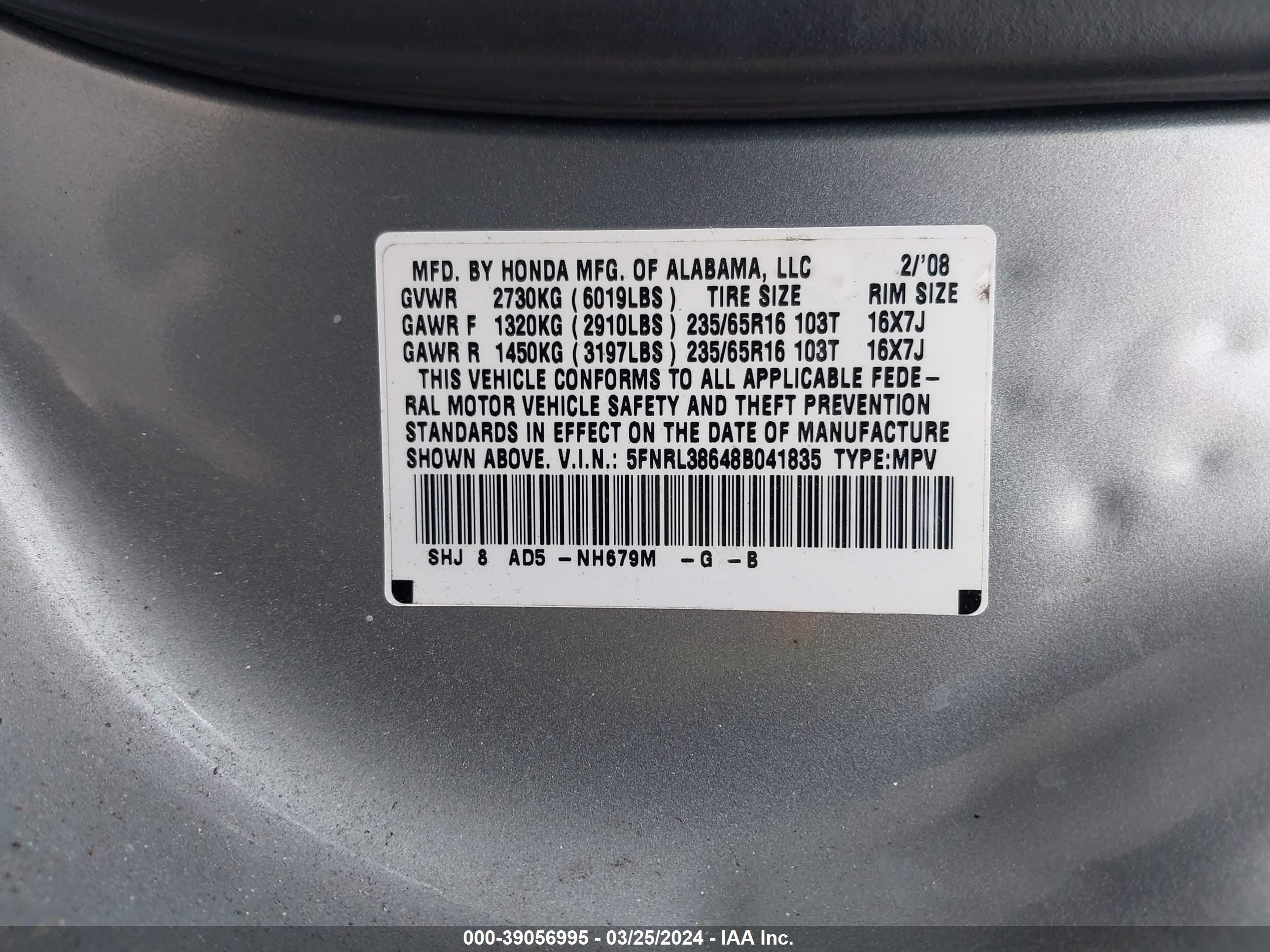 Photo 8 VIN: 5FNRL38648B041835 - HONDA ODYSSEY 