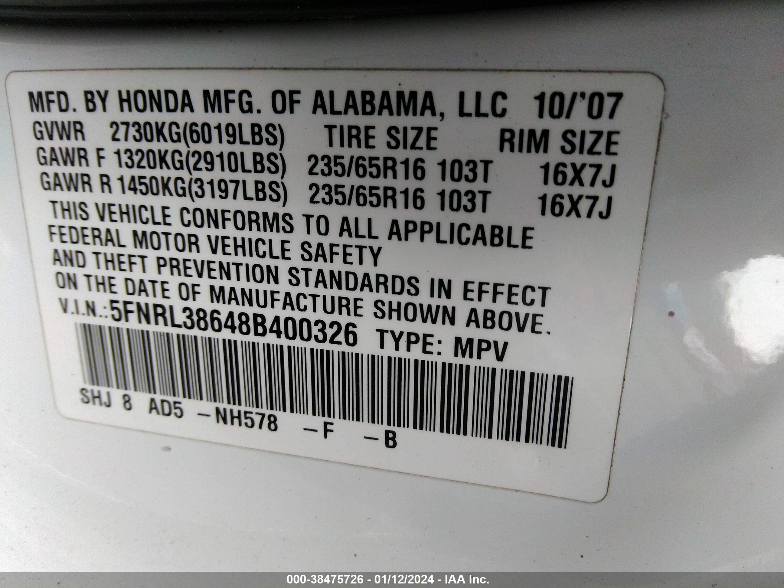 Photo 8 VIN: 5FNRL38648B400326 - HONDA ODYSSEY 