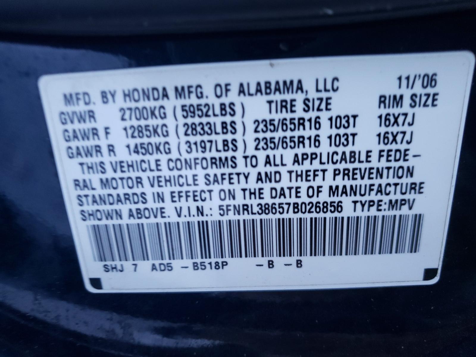 Photo 9 VIN: 5FNRL38657B026856 - HONDA ODYSSEY EX 