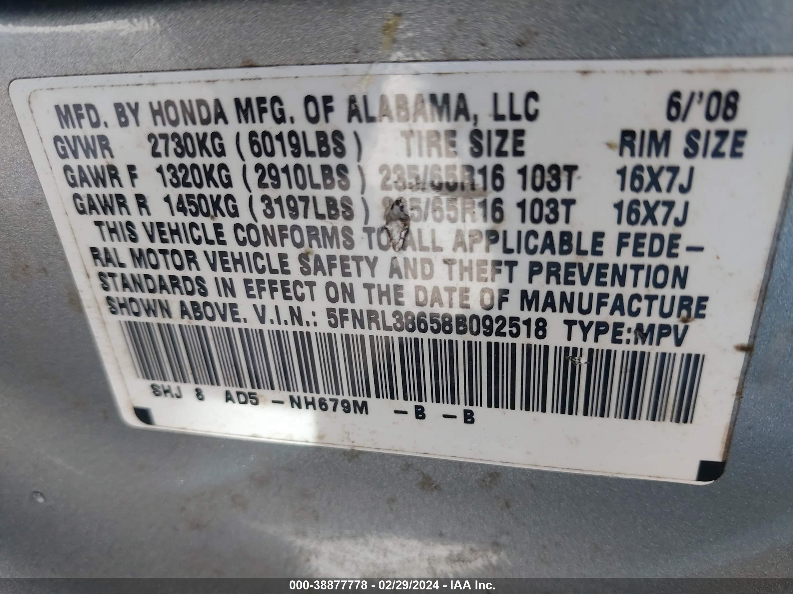 Photo 8 VIN: 5FNRL38658B092518 - HONDA ODYSSEY 