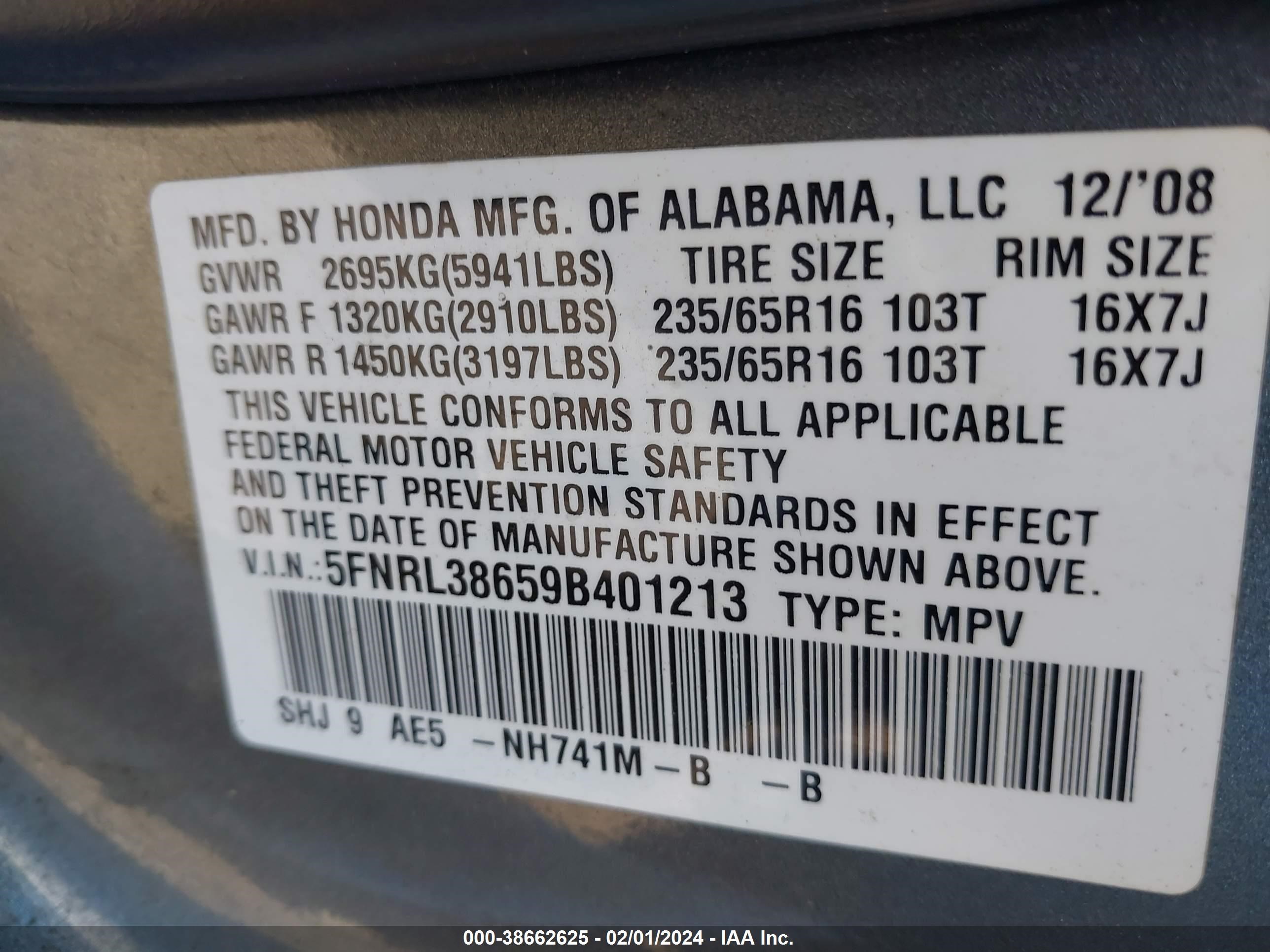 Photo 8 VIN: 5FNRL38659B401213 - HONDA ODYSSEY 