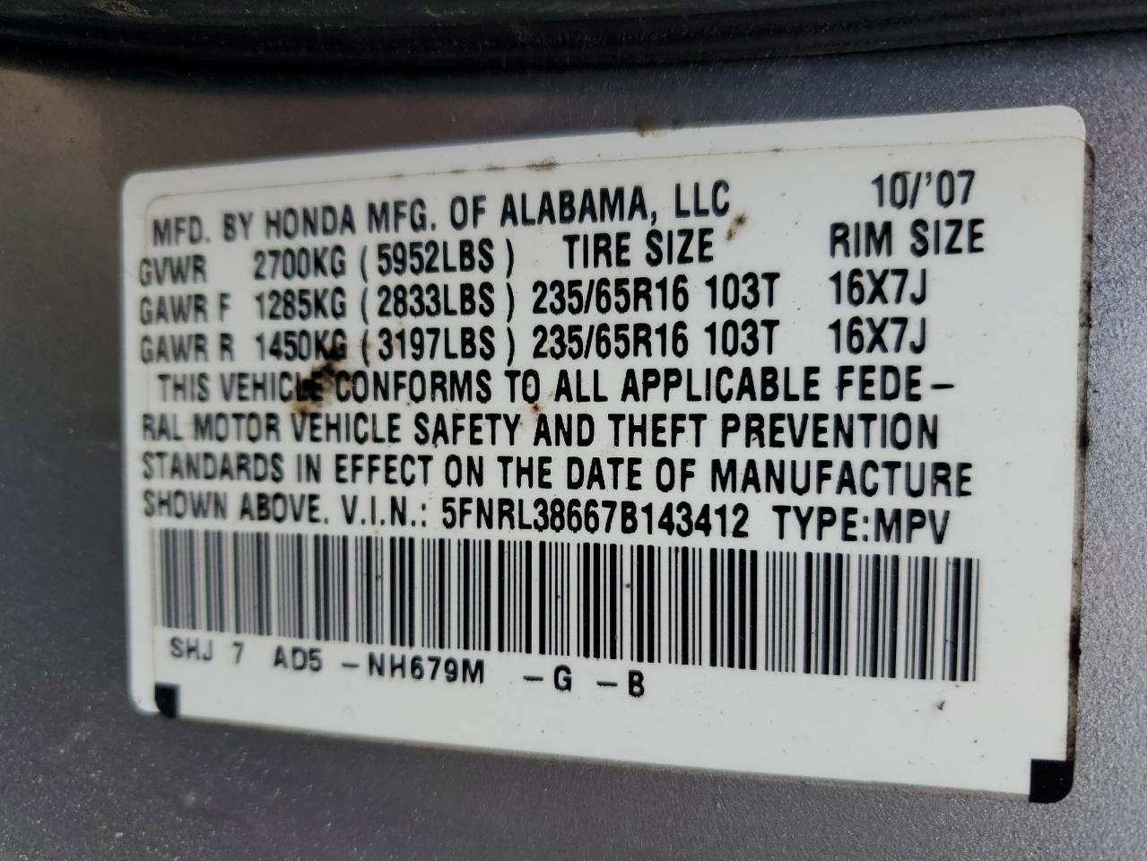 Photo 12 VIN: 5FNRL38667B143412 - HONDA ODYSSEY 