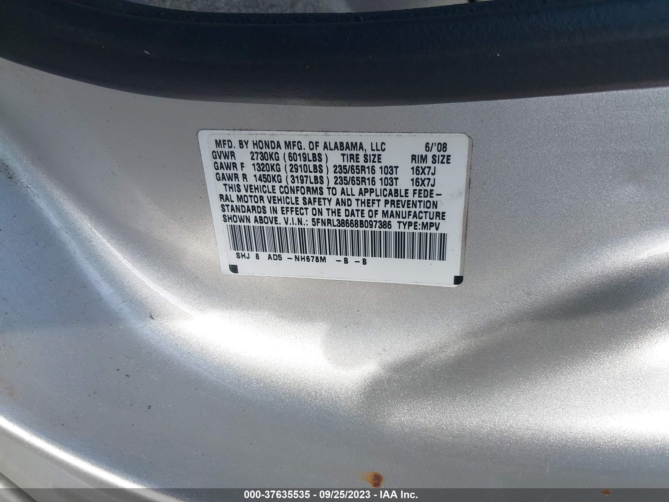 Photo 8 VIN: 5FNRL38668B097386 - HONDA ODYSSEY 