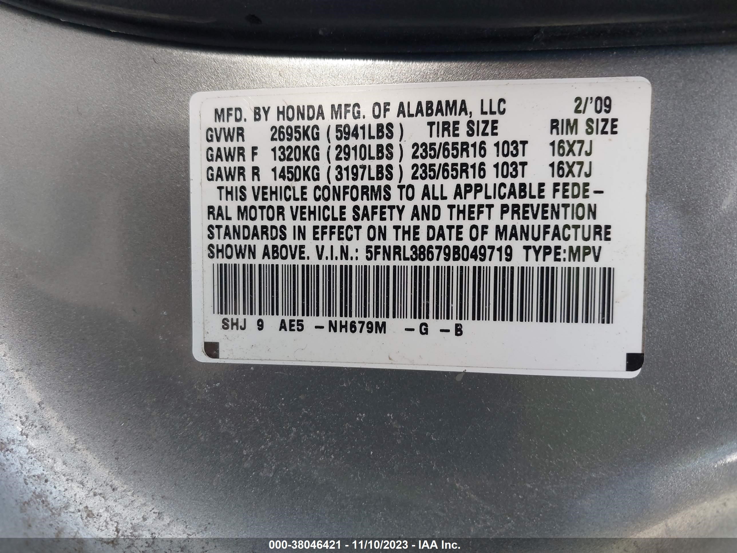 Photo 8 VIN: 5FNRL38679B049719 - HONDA ODYSSEY 