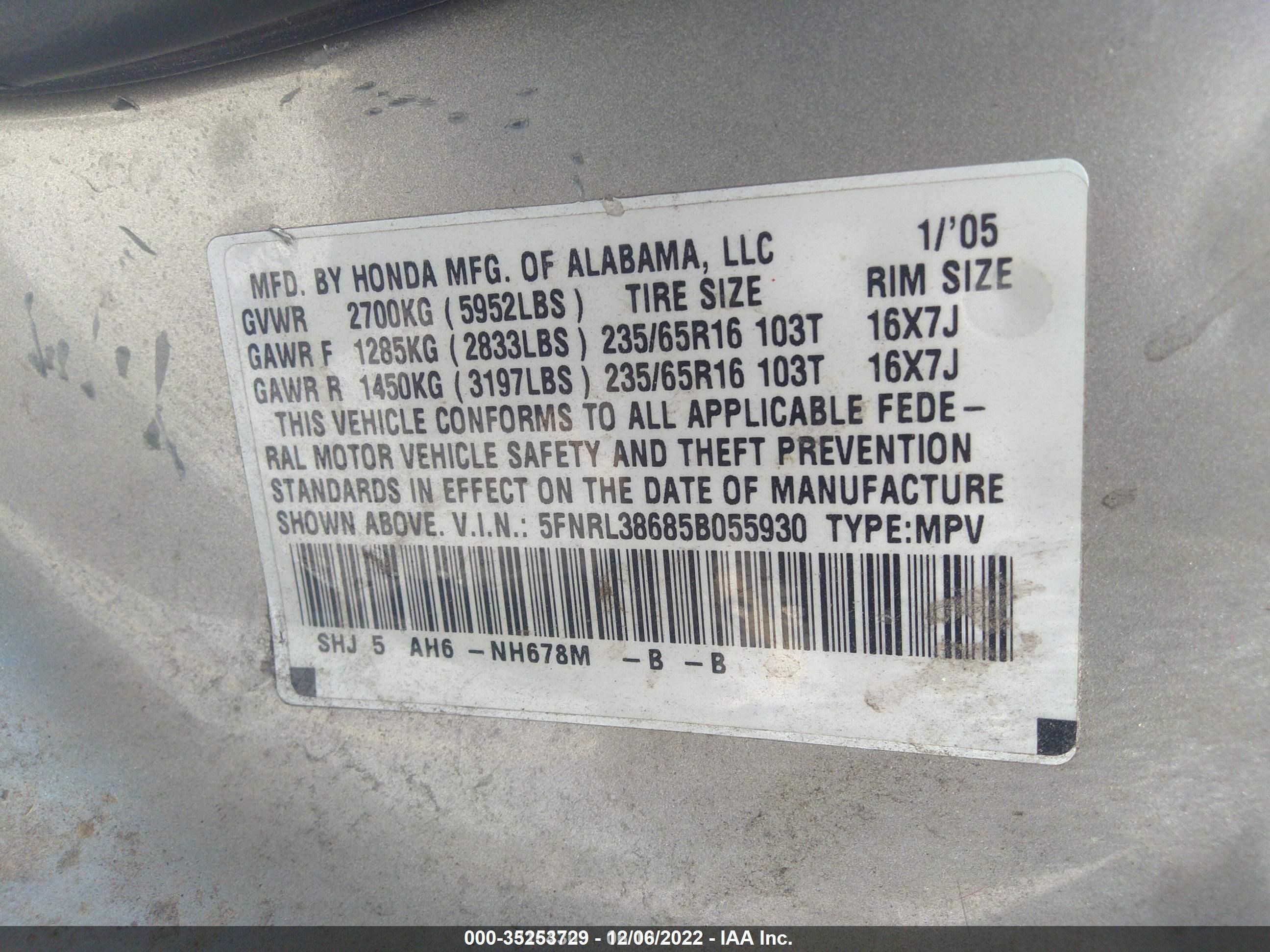 Photo 8 VIN: 5FNRL38685B055930 - HONDA ODYSSEY 