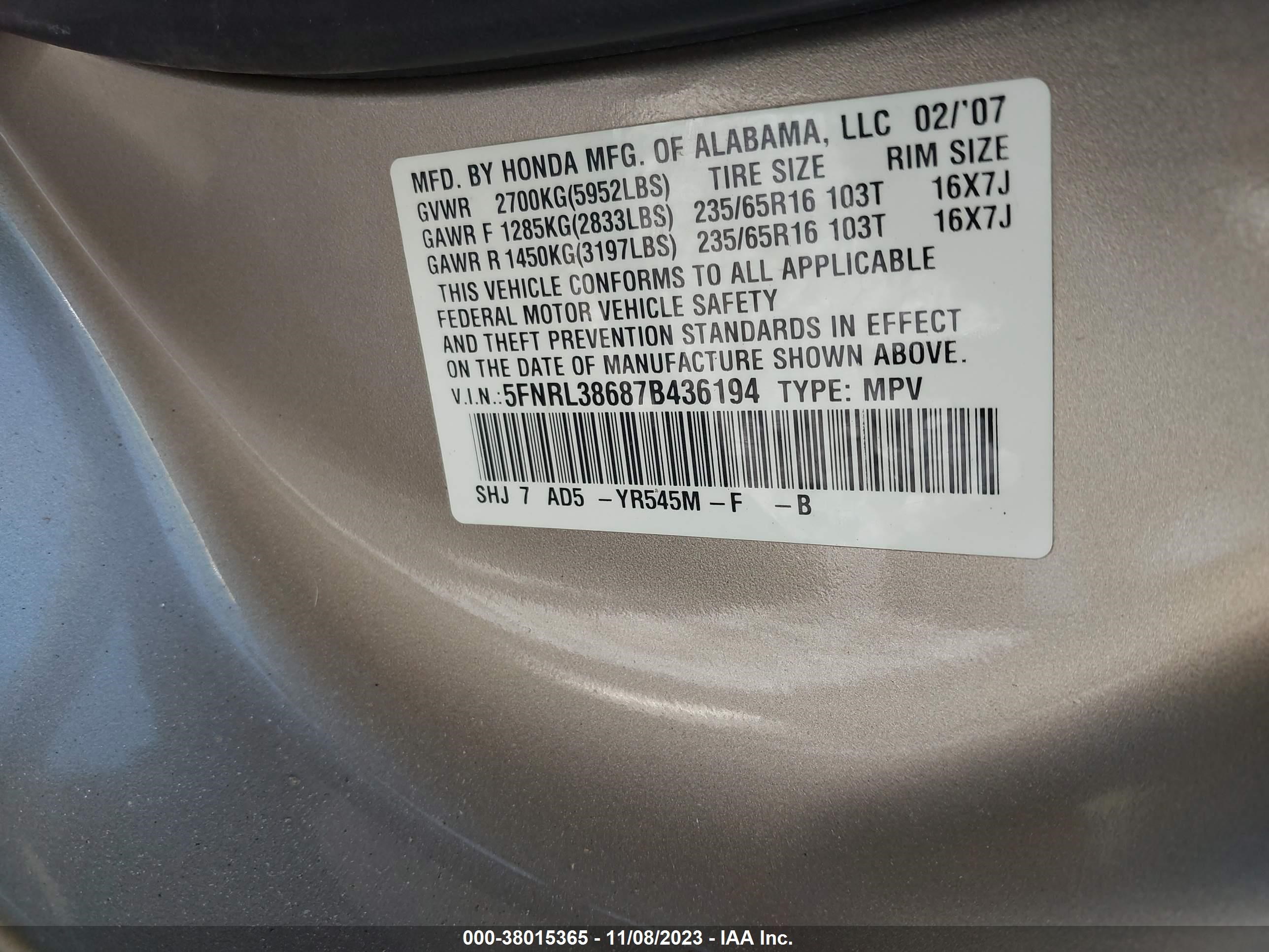 Photo 8 VIN: 5FNRL38687B436194 - HONDA ODYSSEY 