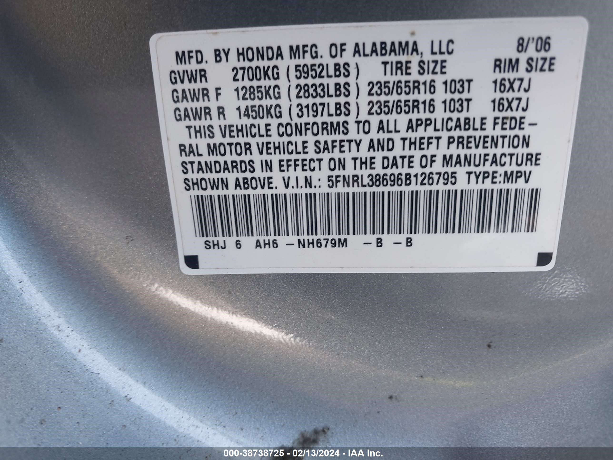 Photo 8 VIN: 5FNRL38696B126795 - HONDA ODYSSEY 