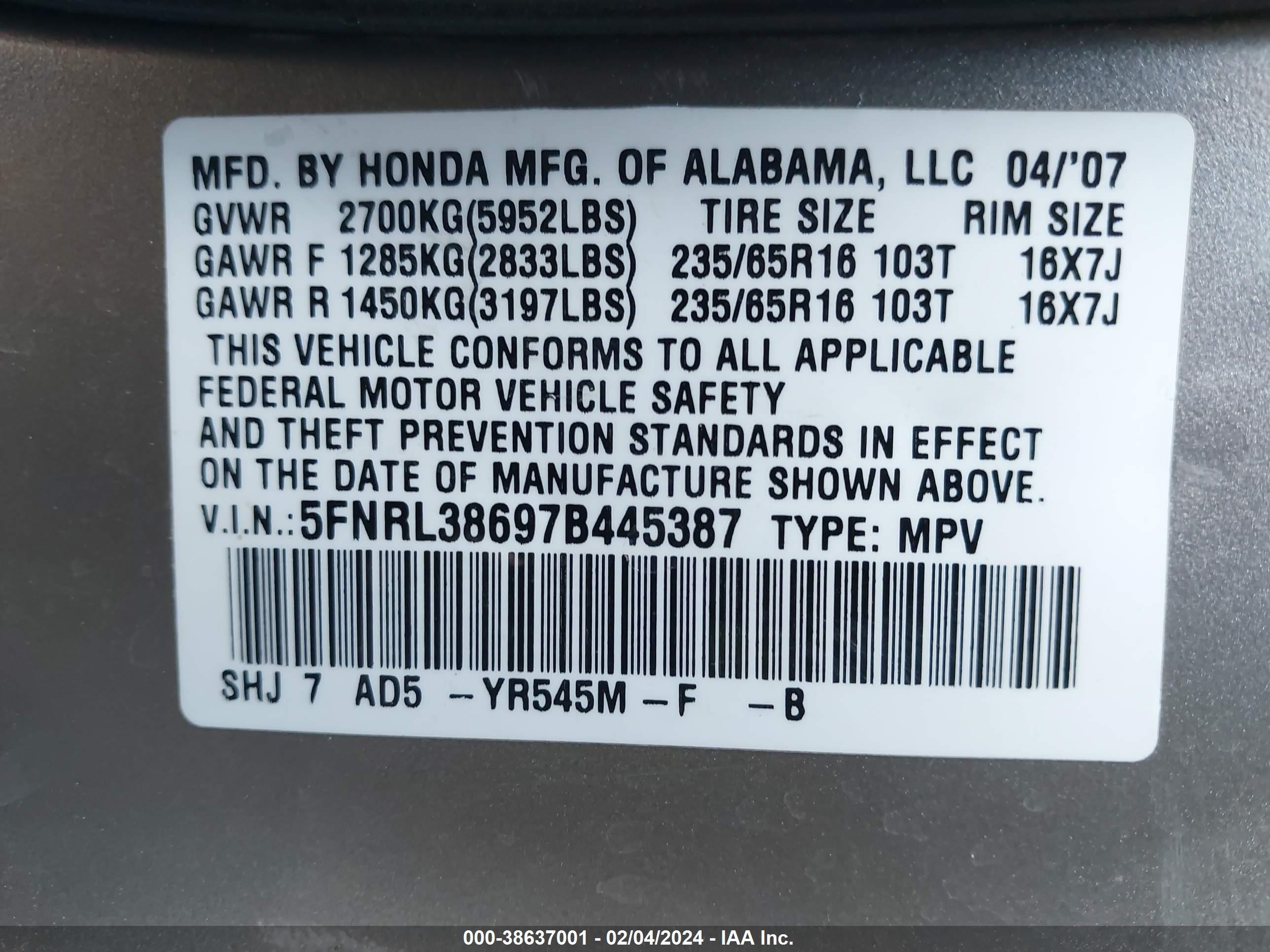 Photo 8 VIN: 5FNRL38697B445387 - HONDA ODYSSEY 