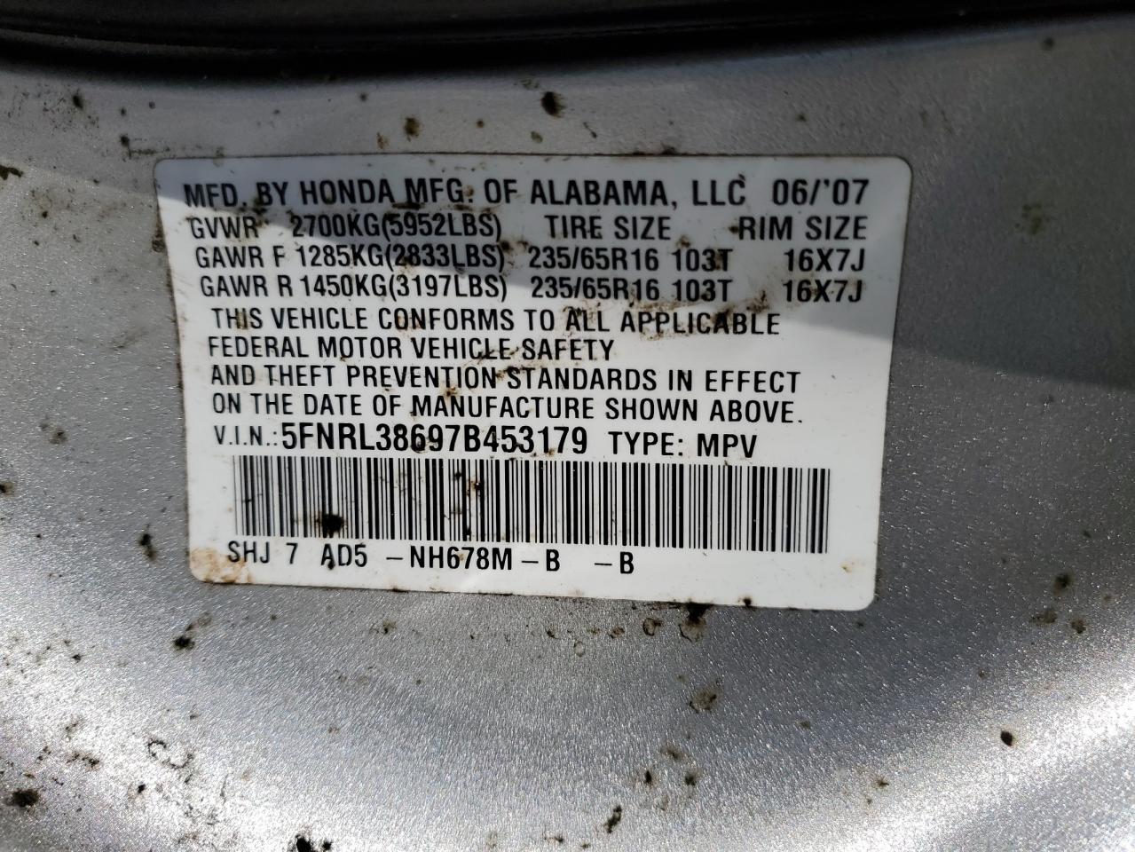 Photo 12 VIN: 5FNRL38697B453179 - HONDA ODYSSEY 