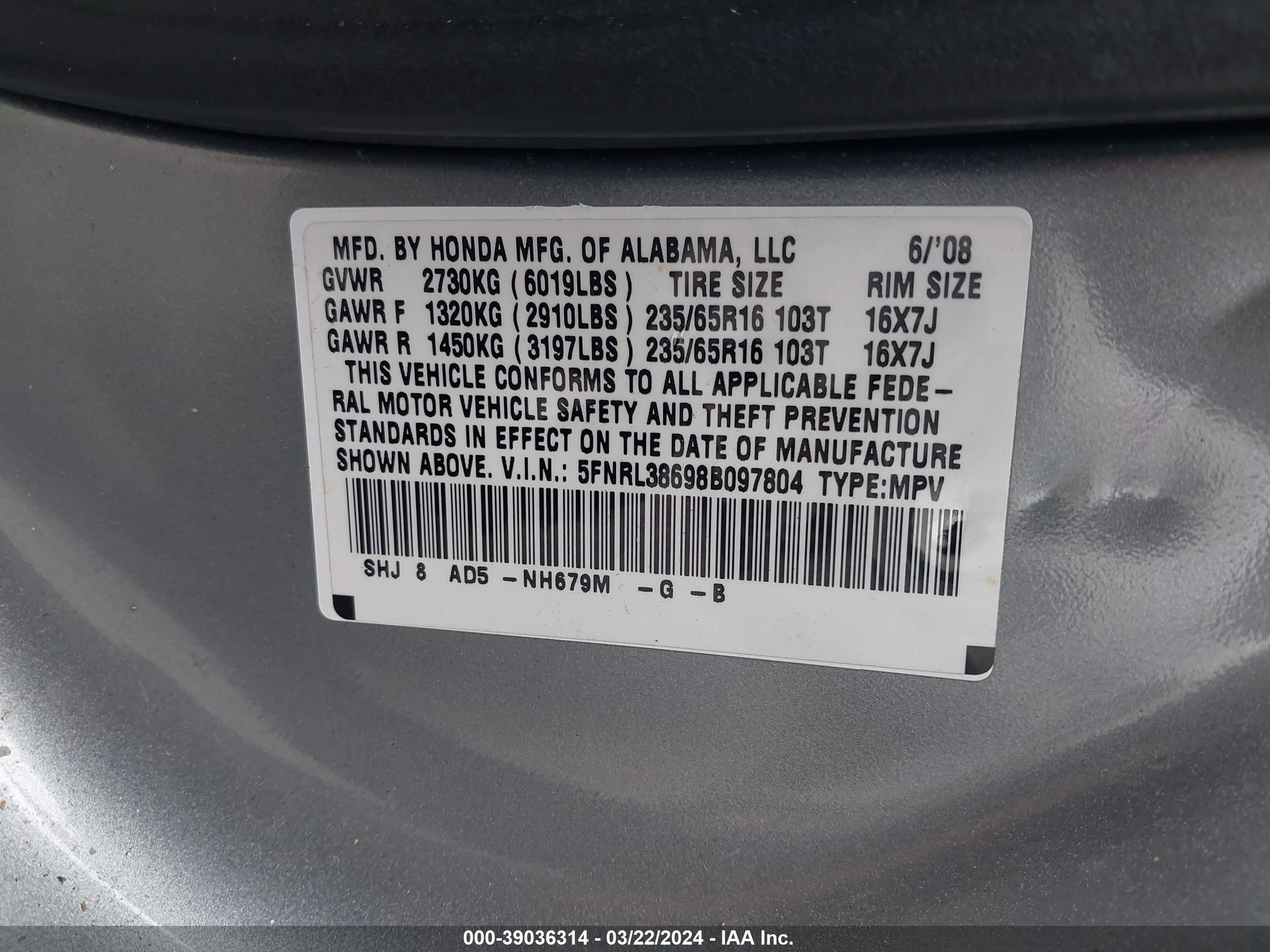 Photo 8 VIN: 5FNRL38698B097804 - HONDA ODYSSEY 