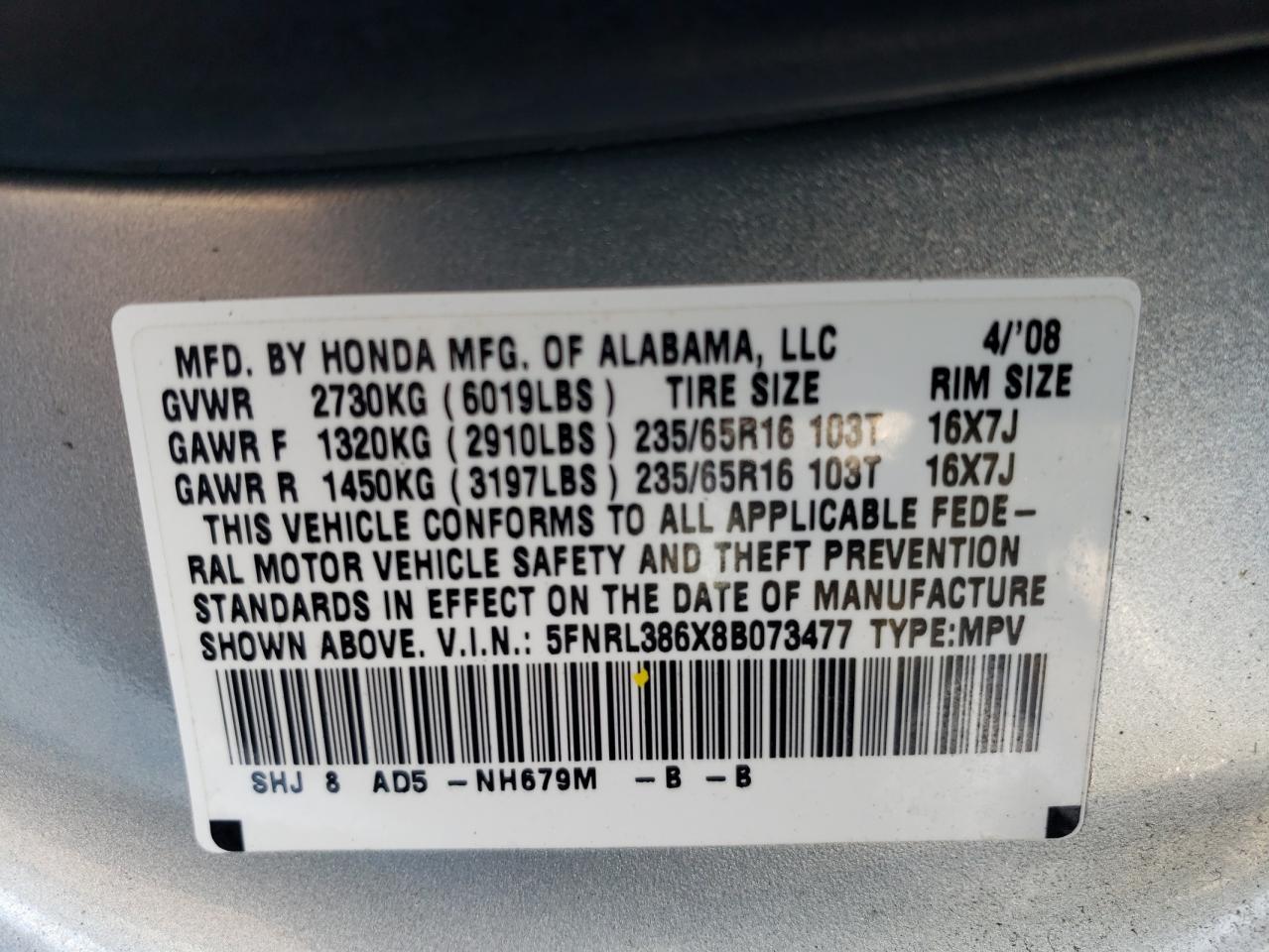 Photo 12 VIN: 5FNRL386X8B073477 - HONDA ODYSSEY 