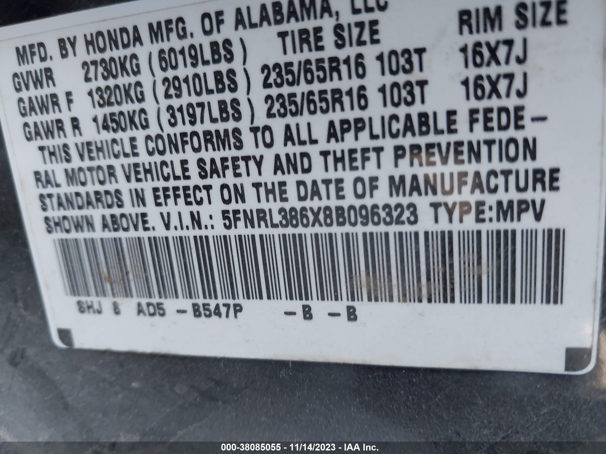 Photo 8 VIN: 5FNRL386X8B096323 - HONDA ODYSSEY 