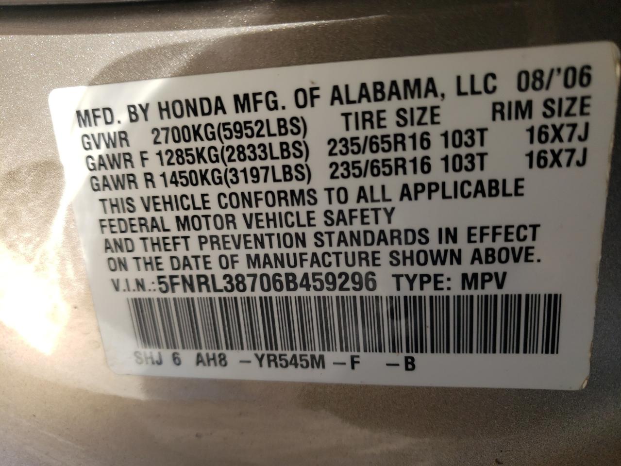 Photo 11 VIN: 5FNRL38706B459296 - HONDA ODYSSEY 