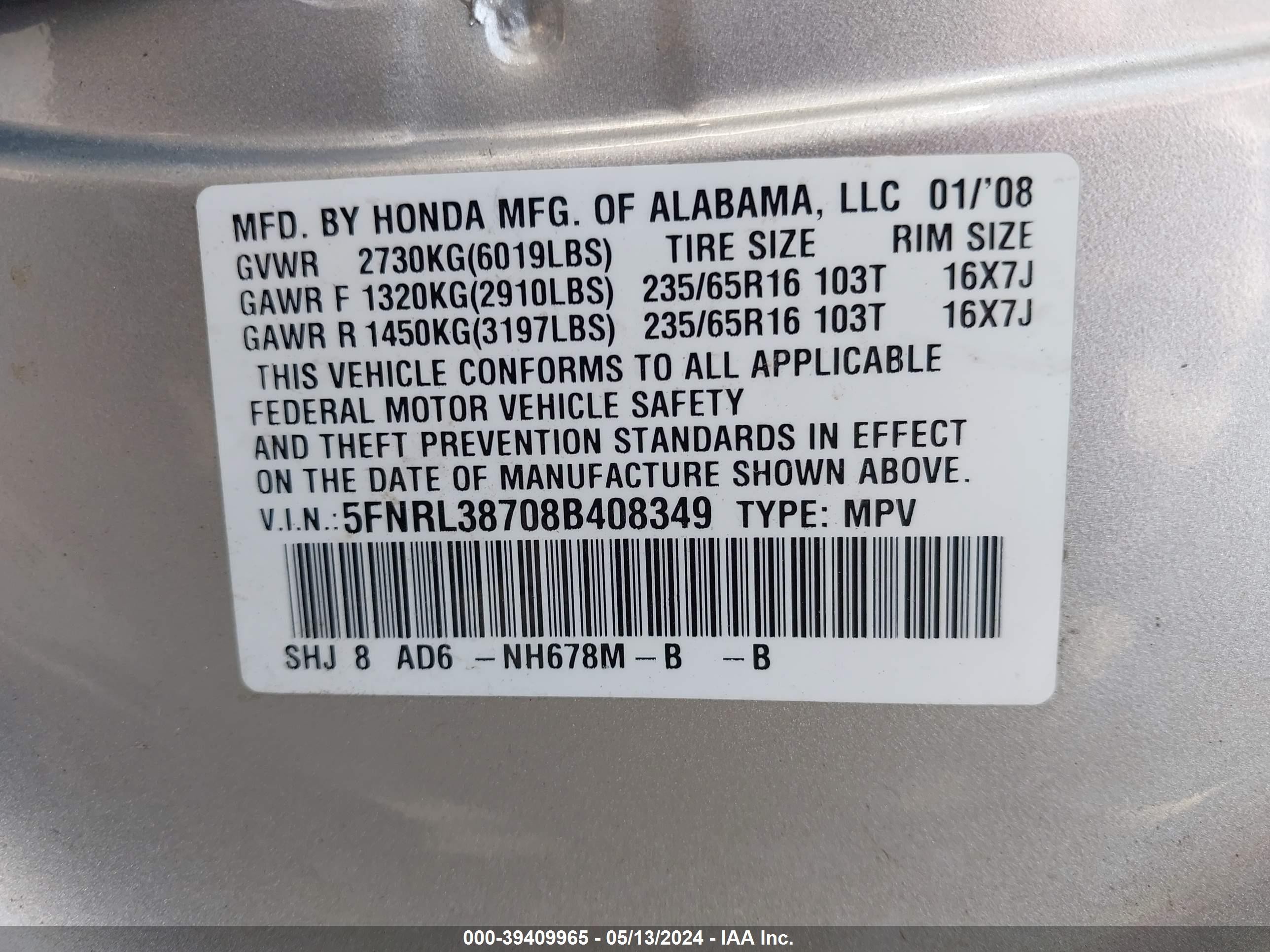 Photo 8 VIN: 5FNRL38708B408349 - HONDA ODYSSEY 