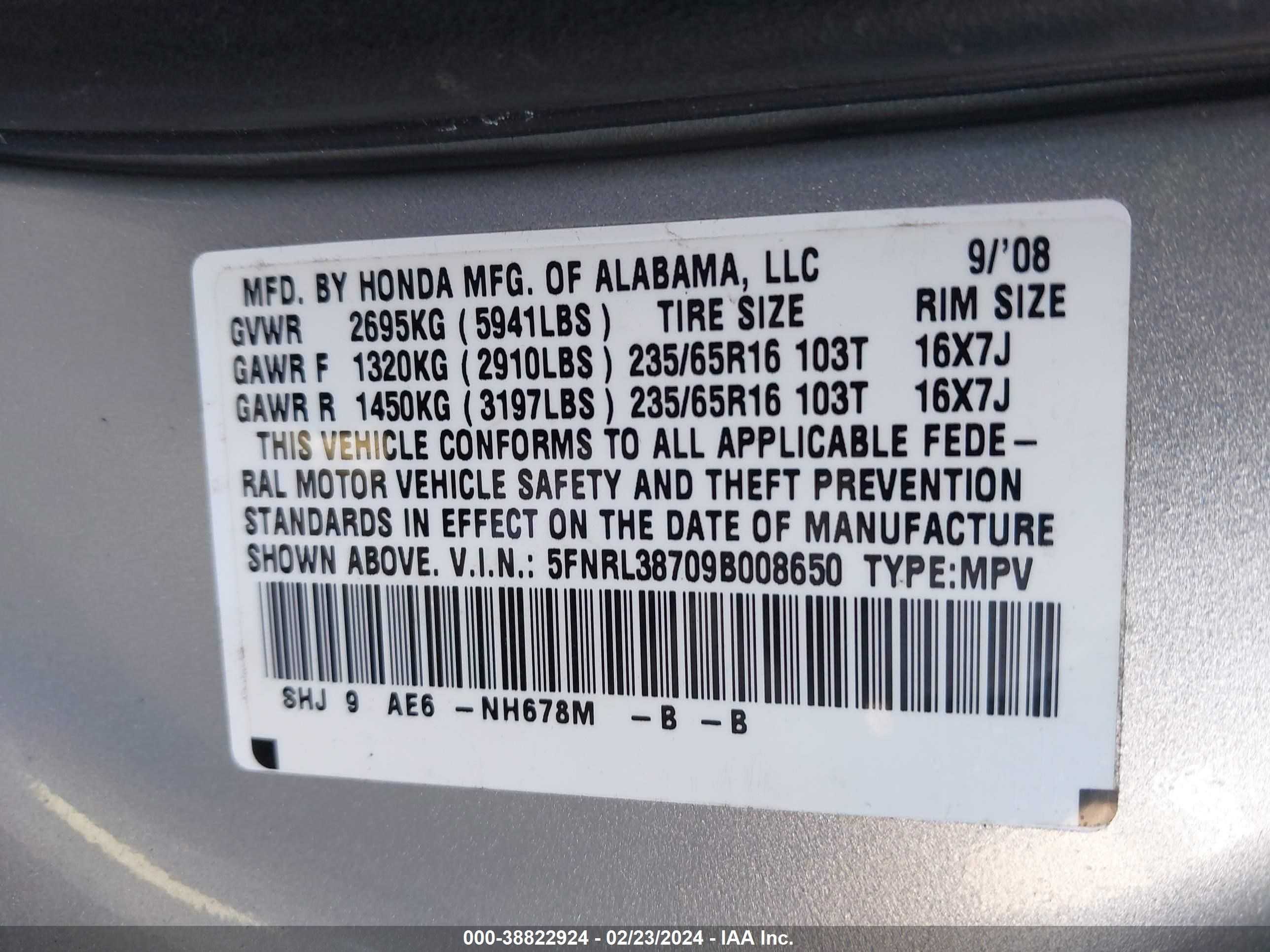 Photo 8 VIN: 5FNRL38709B008650 - HONDA ODYSSEY 