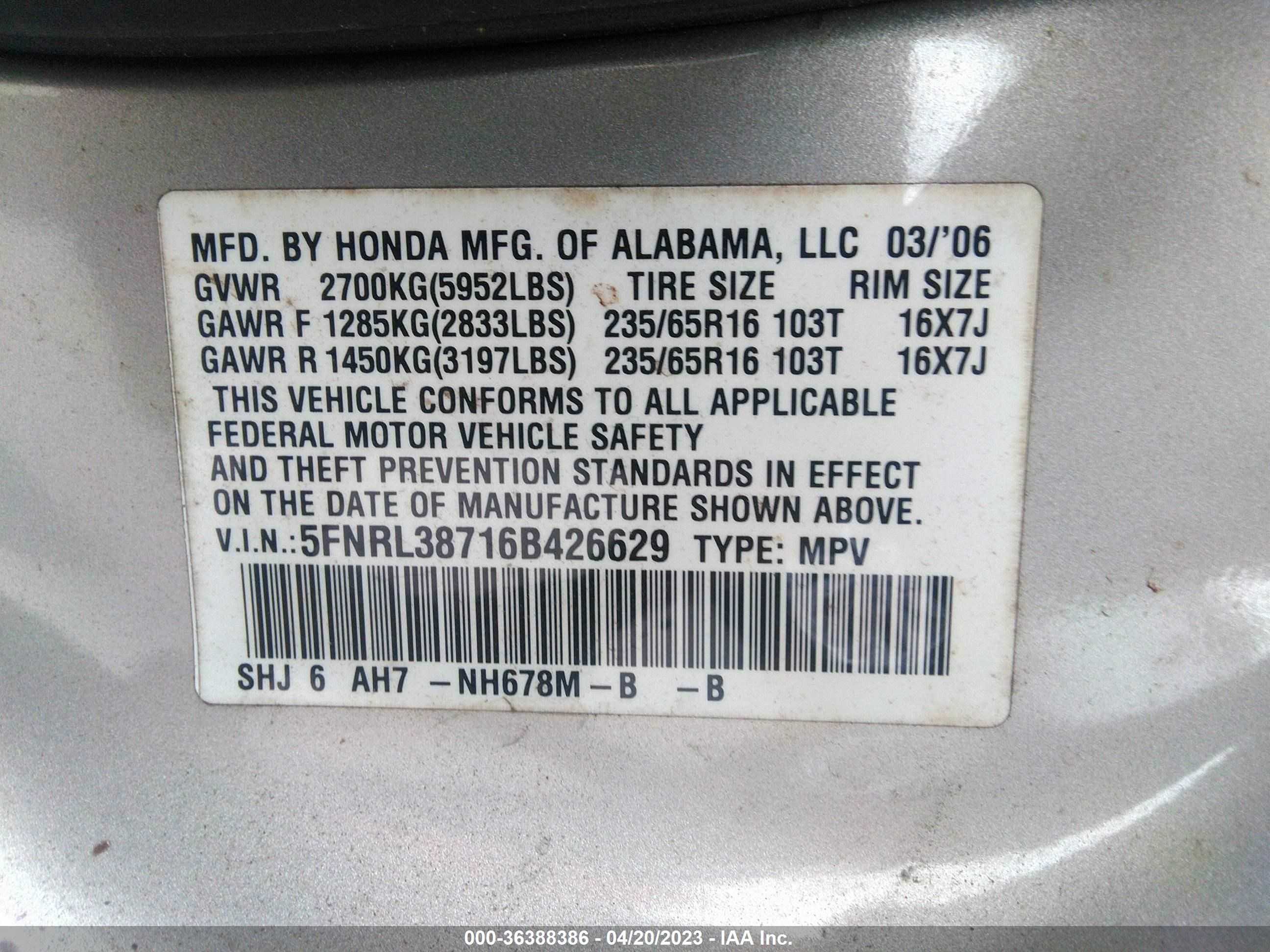 Photo 8 VIN: 5FNRL38716B426629 - HONDA ODYSSEY 